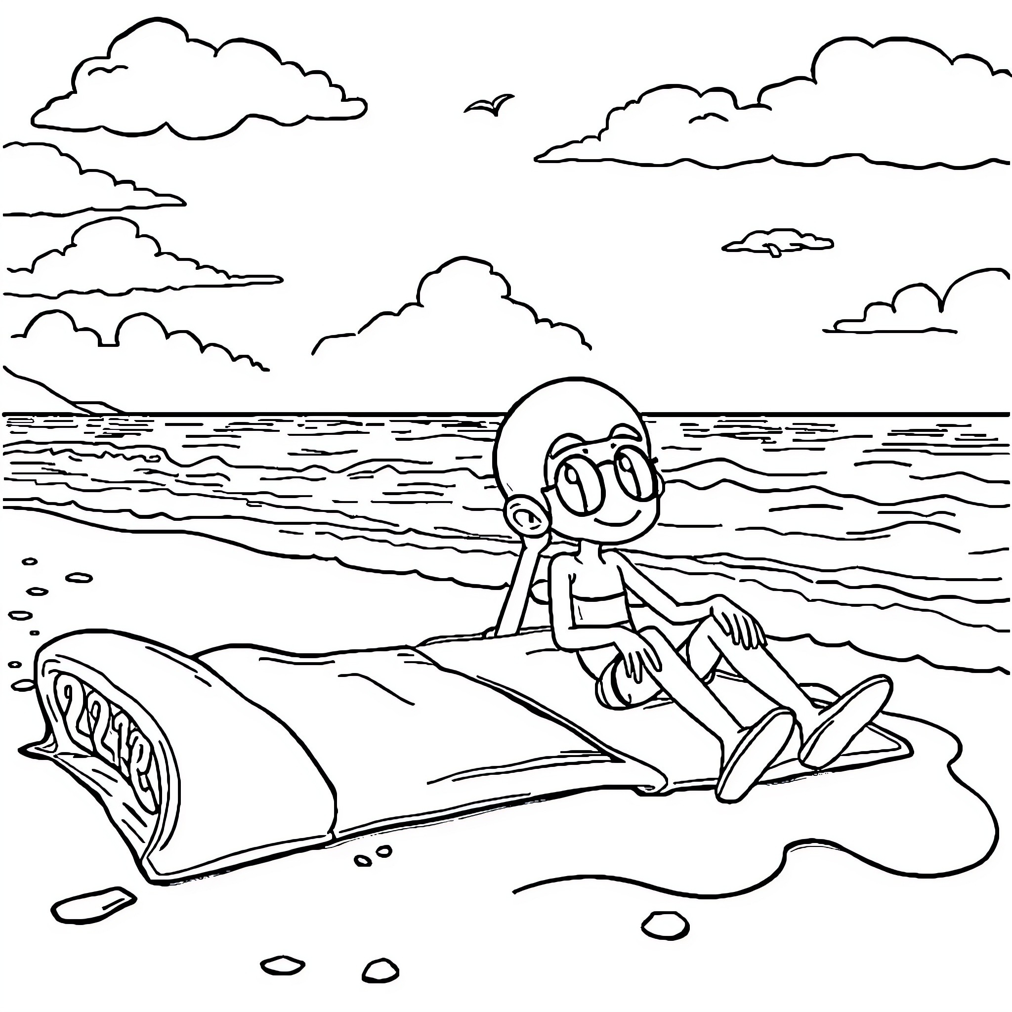Player resting on a driftwood in the sea Coloring Page (free black-and-white line drawing printable PDF for all, from beginners to advanced learners, including children, teens, adults, and seniors)