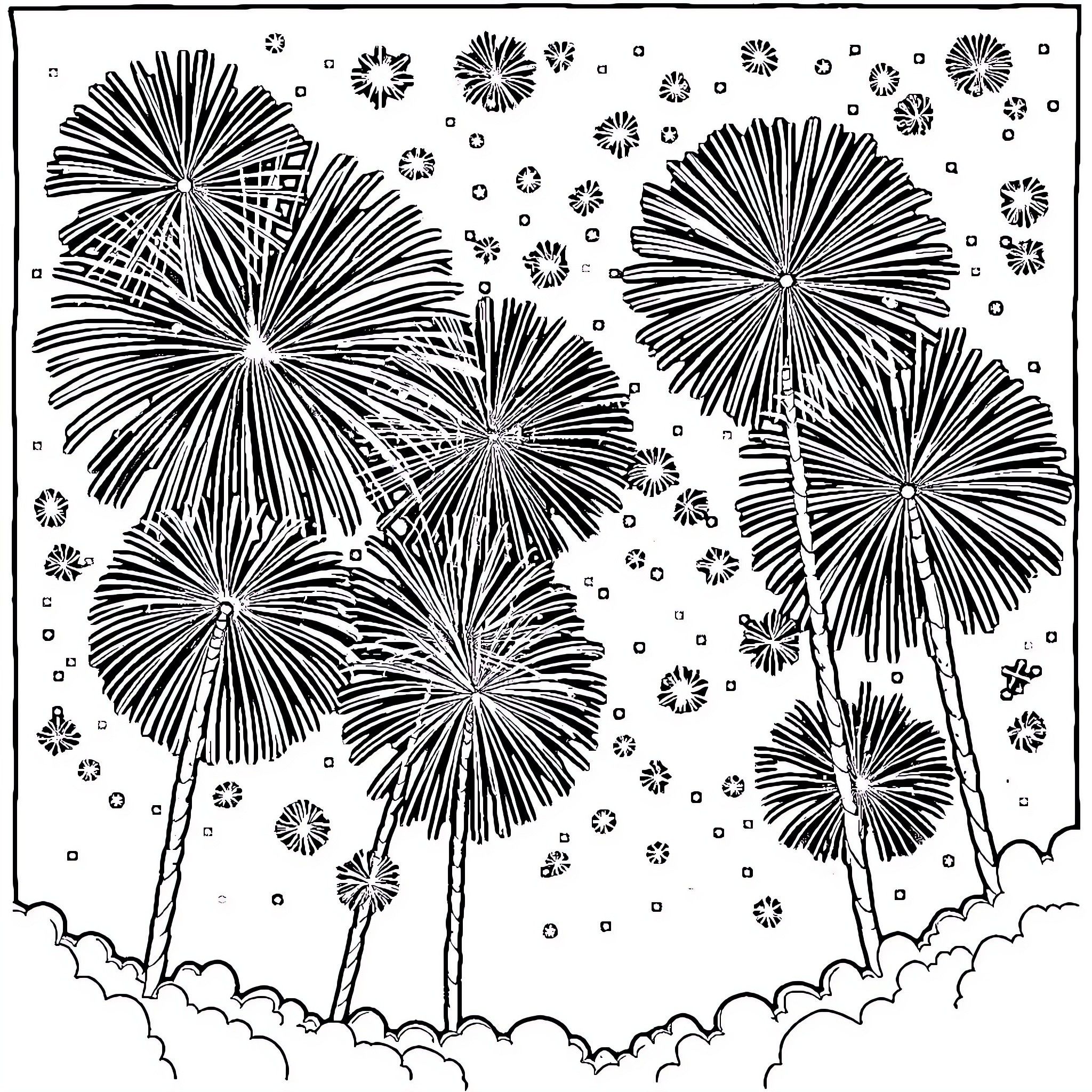 Independence Day Fireworks Celebration Coloring Page (free black-and-white line drawing printable PDF for all, from beginners to advanced learners, including children, teens, adults, and seniors)
