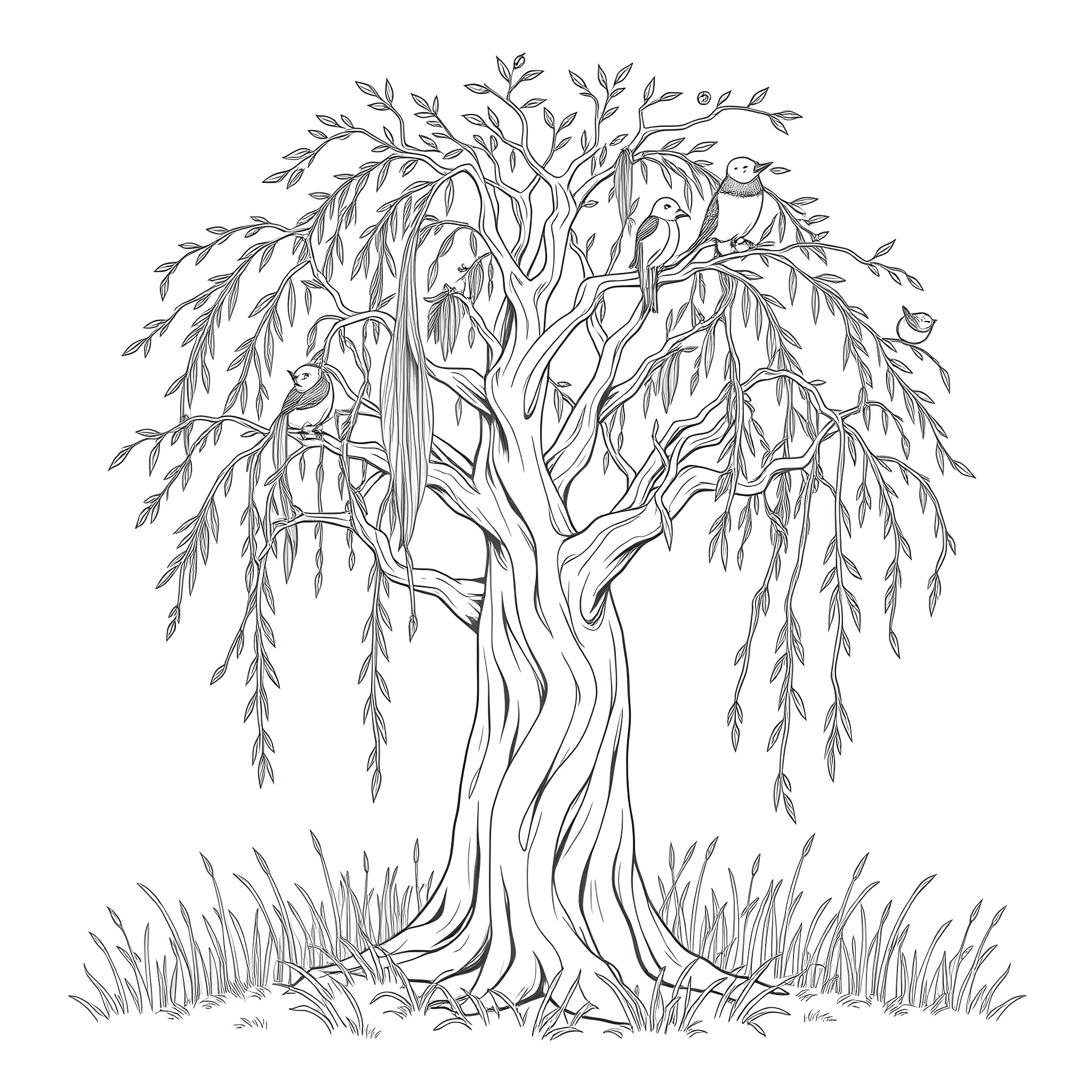 Grandmother Willow with Birds and Branches Coloring Page (free black-and-white line drawing printable PDF for all, from beginners to advanced learners, including children, teens, adults, and seniors)