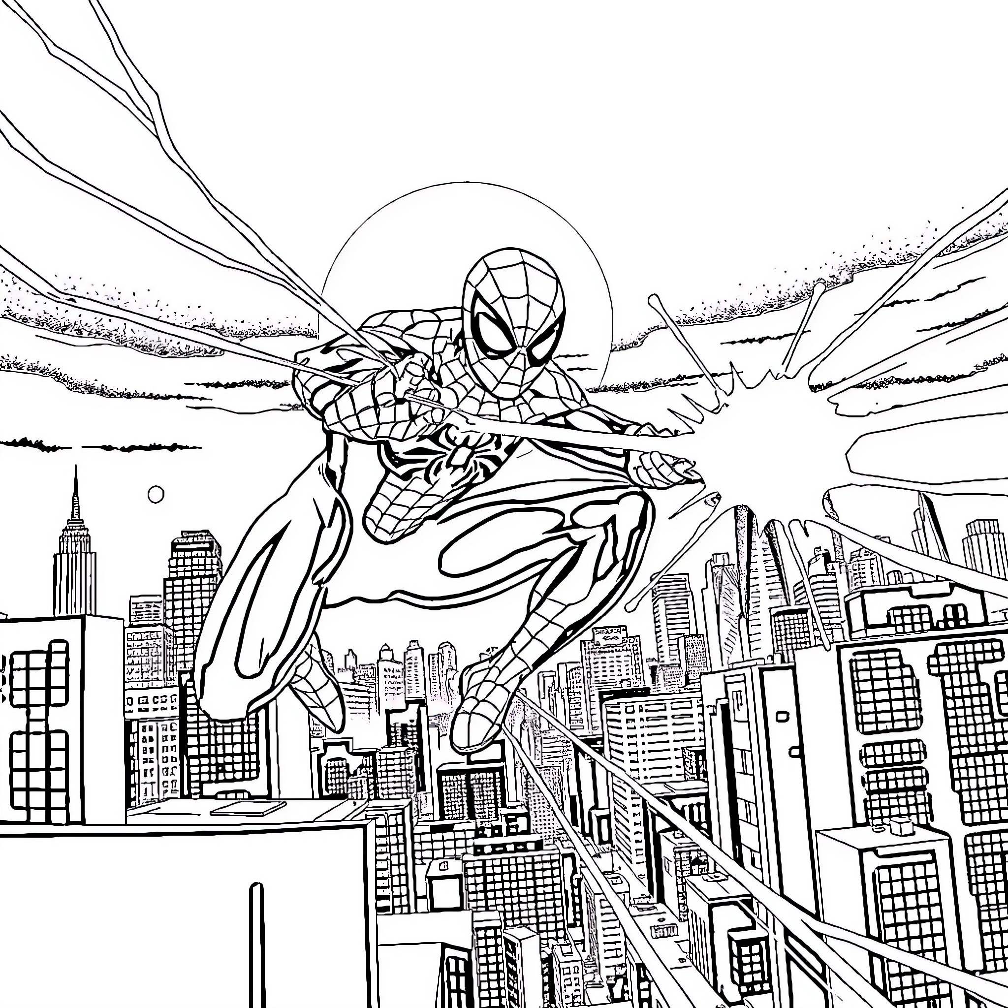 Spiderman leaping across the New York skyline Coloring Page (free black-and-white line drawing printable PDF for all, from beginners to advanced learners, including children, teens, adults, and seniors)