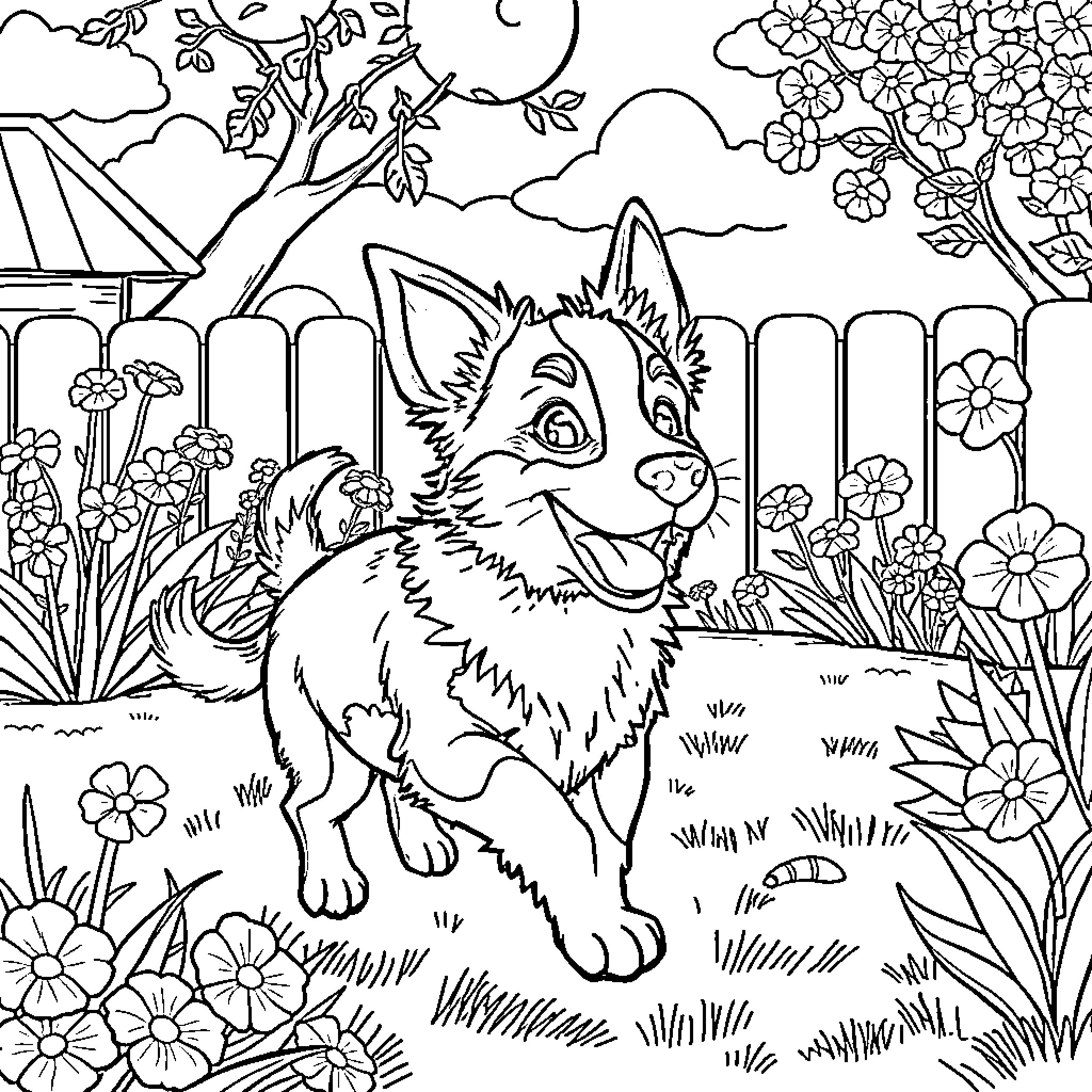 Bluey exploring a blooming garden Coloring Page (free black-and-white line drawing printable PDF for all, from beginners to advanced learners, including children, teens, adults, and seniors)