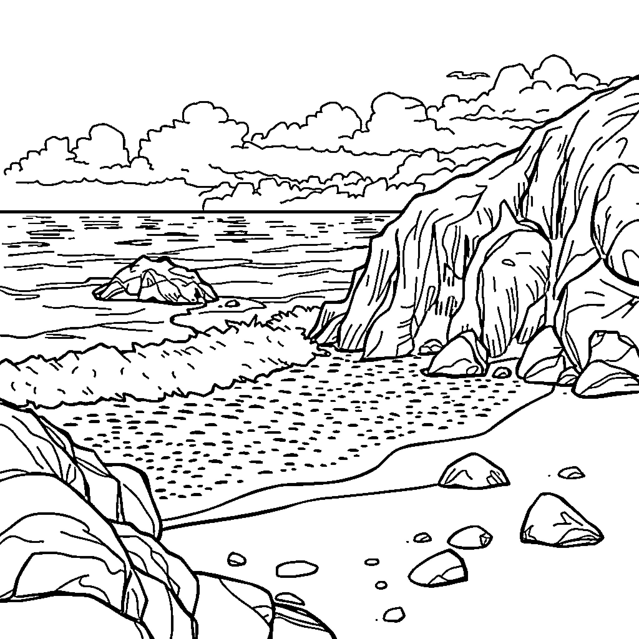 Beach Landscape with Cliffs and Waves Coloring Page (free black-and-white line drawing printable PDF for all, from beginners to advanced learners, including children, teens, adults, and seniors)