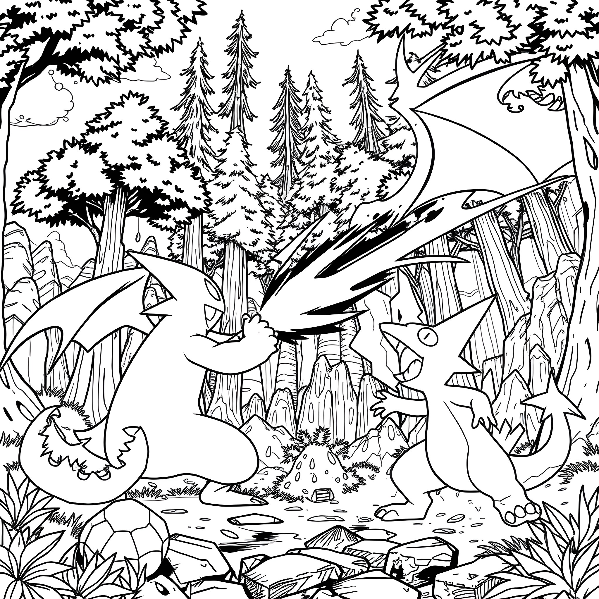 Pokémon Exploring the Enchanted Forest Coloring Page (free black-and-white line drawing printable PDF for all, from beginners to advanced learners, including children, teens, adults, and seniors)