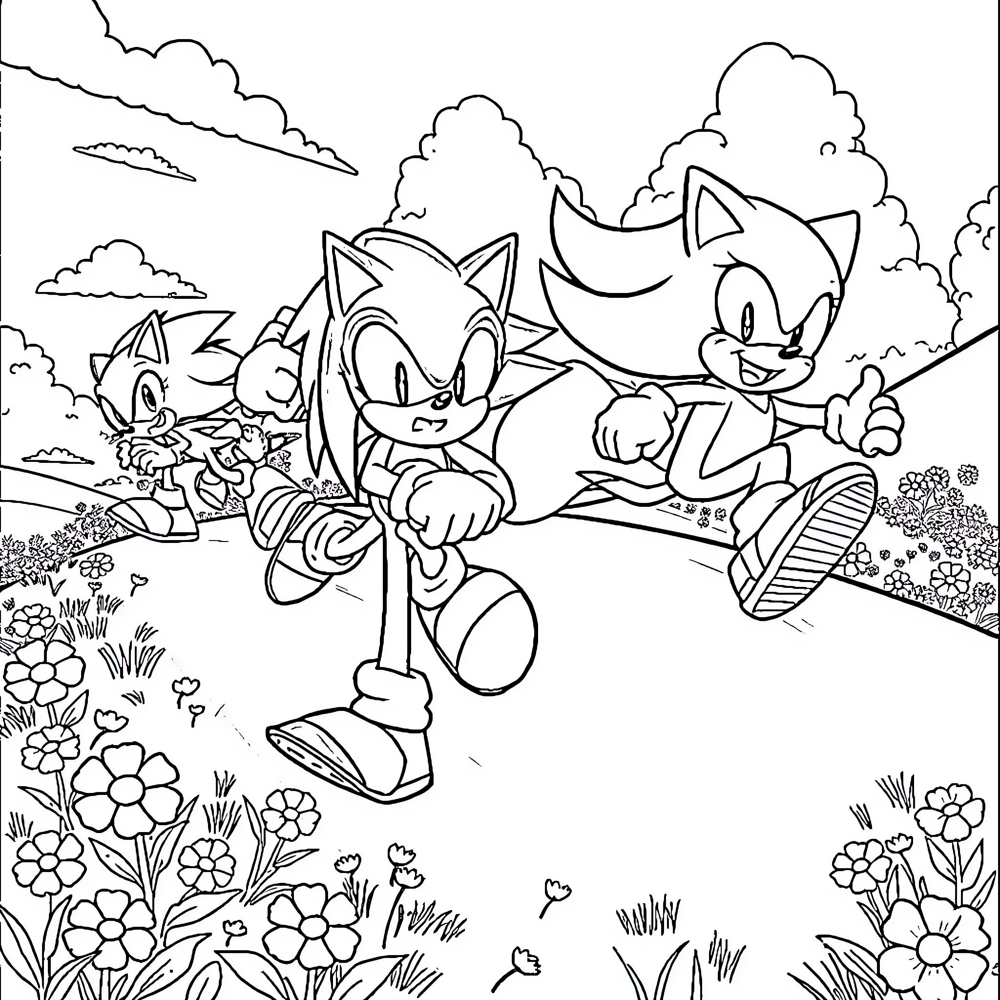 Sonic characters in a vibrant outdoor scene Coloring Page (free black-and-white line drawing printable PDF for all, from beginners to advanced learners, including children, teens, adults, and seniors)