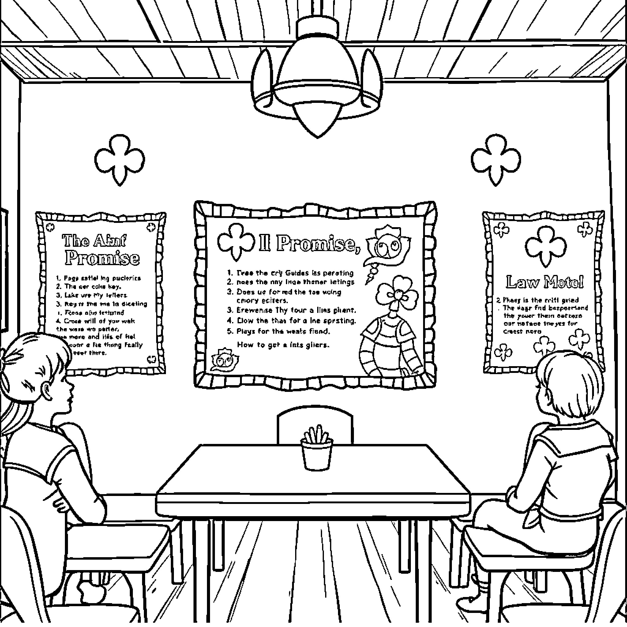 Girl Guide Learning Pledge and Law in Classroom Coloring Page (free black-and-white line drawing printable PDF for all, from beginners to advanced learners, including children, teens, adults, and seniors)