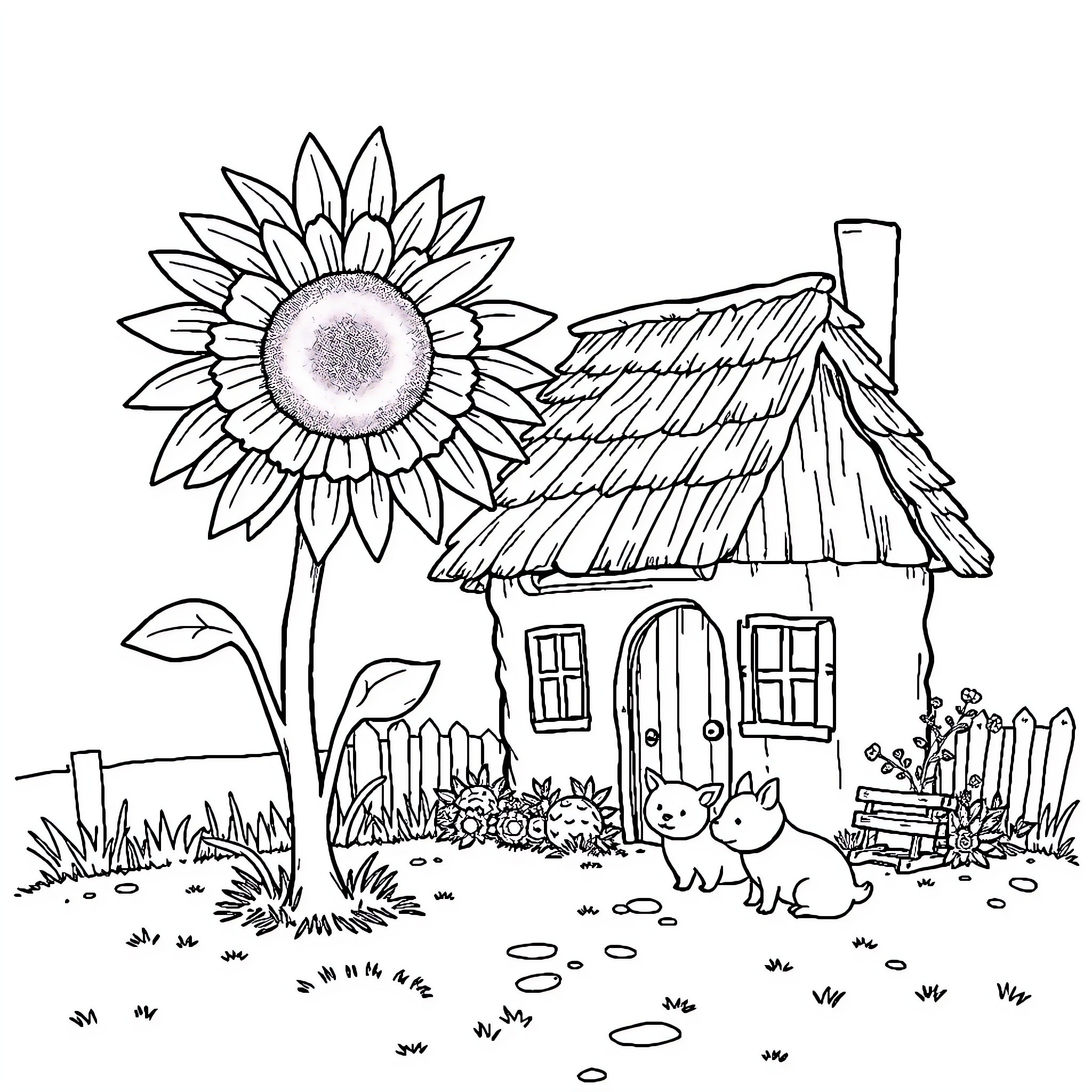 Sunflower-adorned cottage with playful bunnies Coloring Page (free black-and-white line drawing printable PDF for all, from beginners to advanced learners, including children, teens, adults, and seniors)