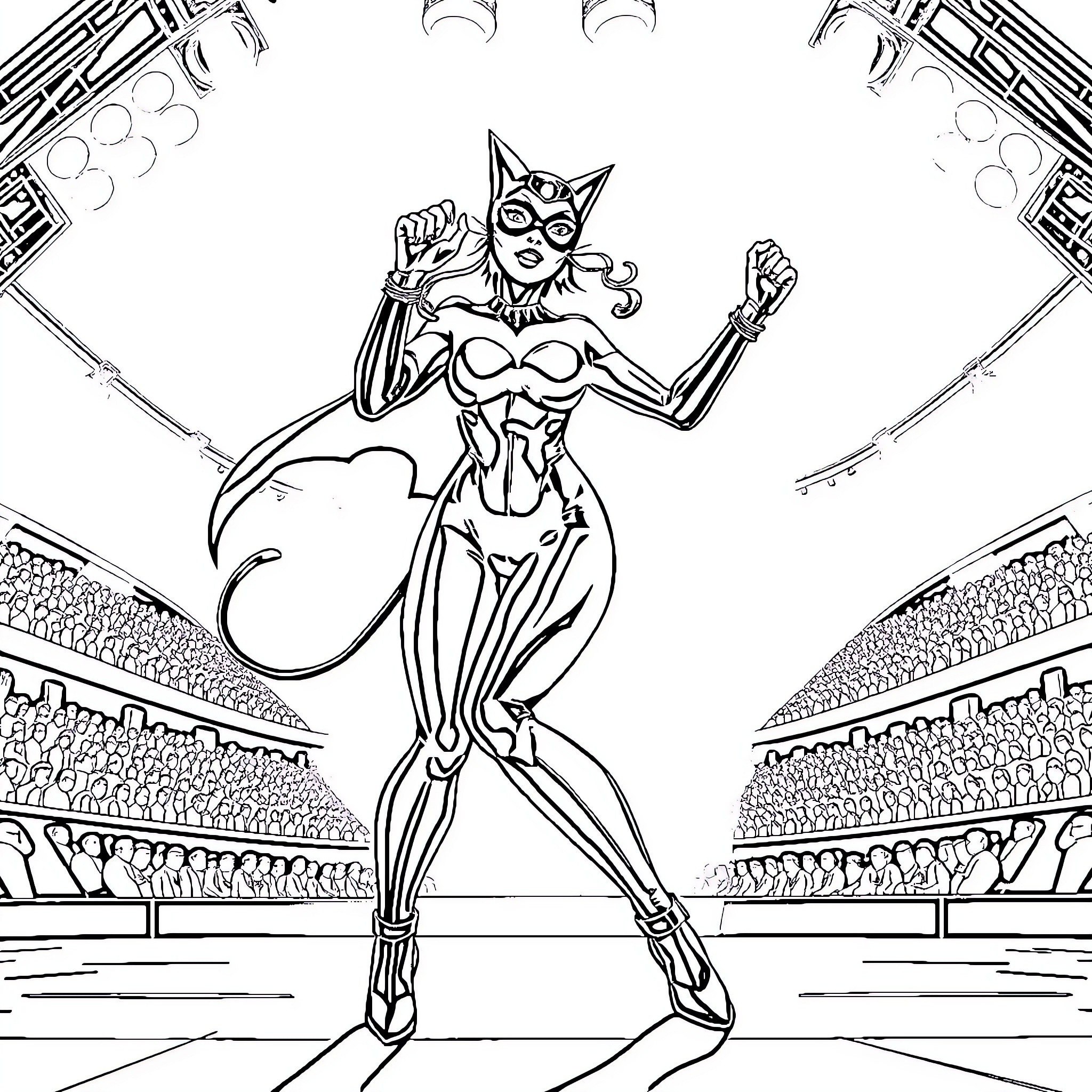 Catwoman in action hero pose Coloring Page (free black-and-white line drawing printable PDF for all, from beginners to advanced learners, including children, teens, adults, and seniors)