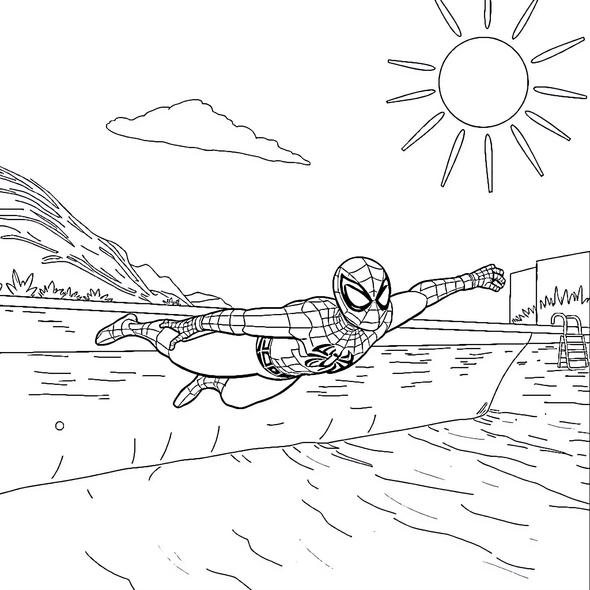 Spiderman swooping through the city skyline Coloring Page (free black-and-white line drawing printable PDF for all, from beginners to advanced learners, including children, teens, adults, and seniors)