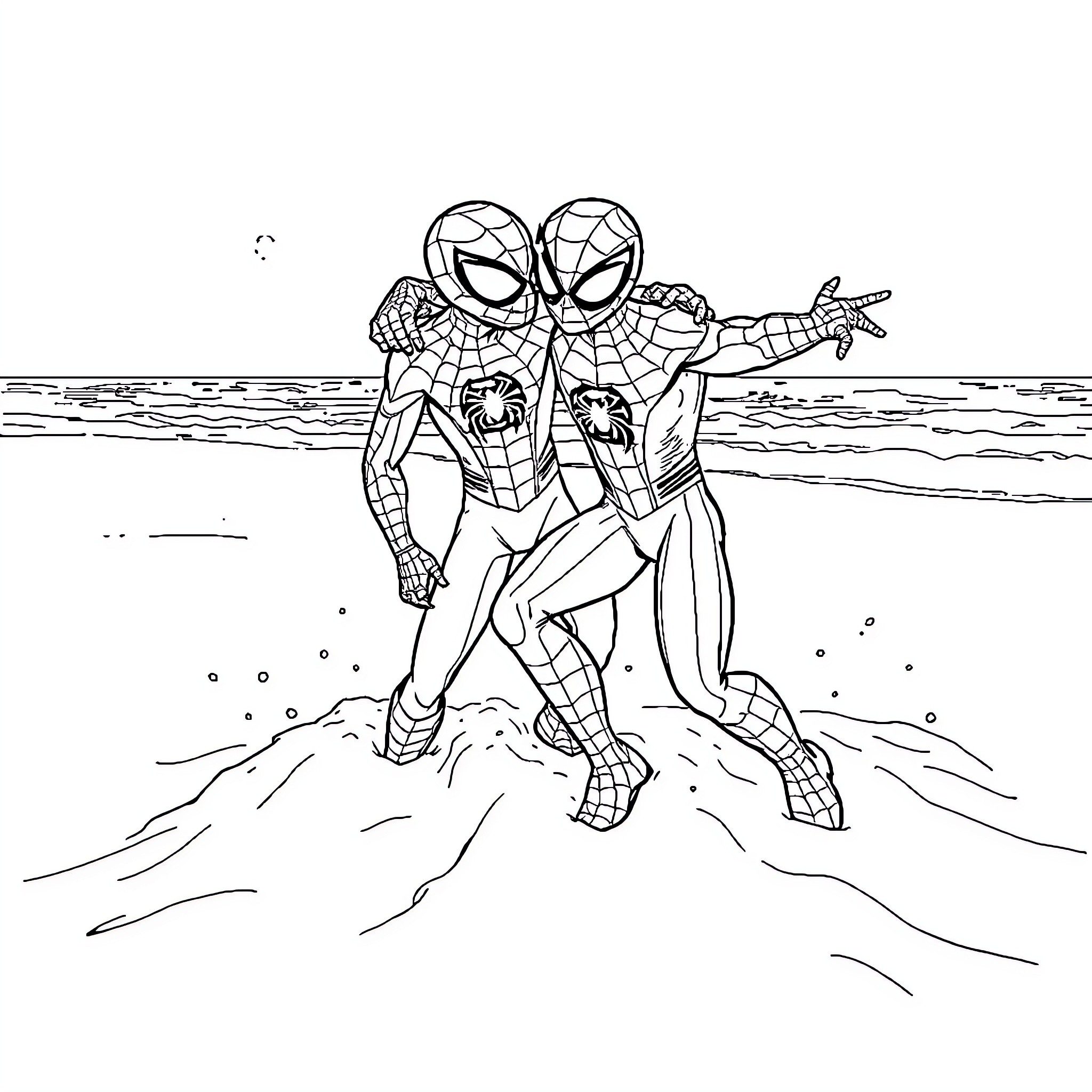 Spiderman Team-Up on the Beach Coloring Page (free black-and-white line drawing printable PDF for all, from beginners to advanced learners, including children, teens, adults, and seniors)