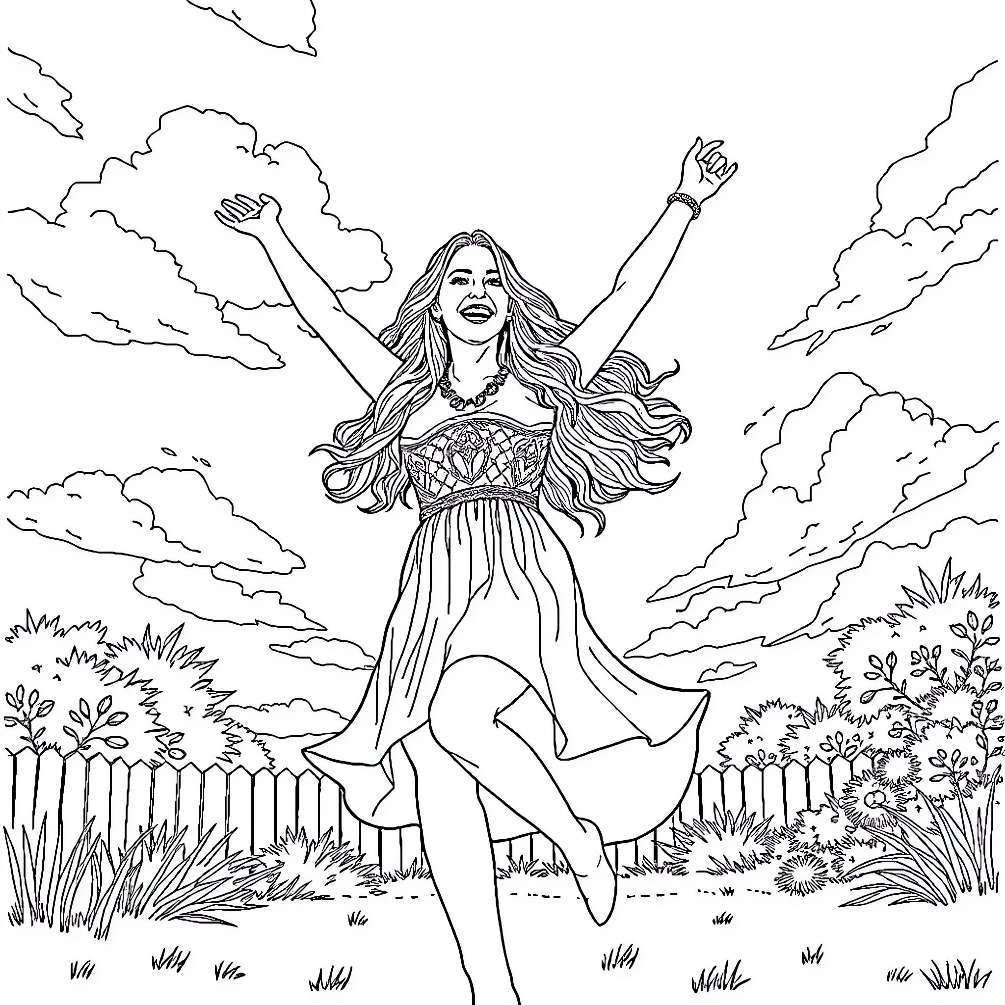 Britney Spears embracing nature's beauty with open arms Coloring Page (free black-and-white line drawing printable PDF for all, from beginners to advanced learners, including children, teens, adults, and seniors)