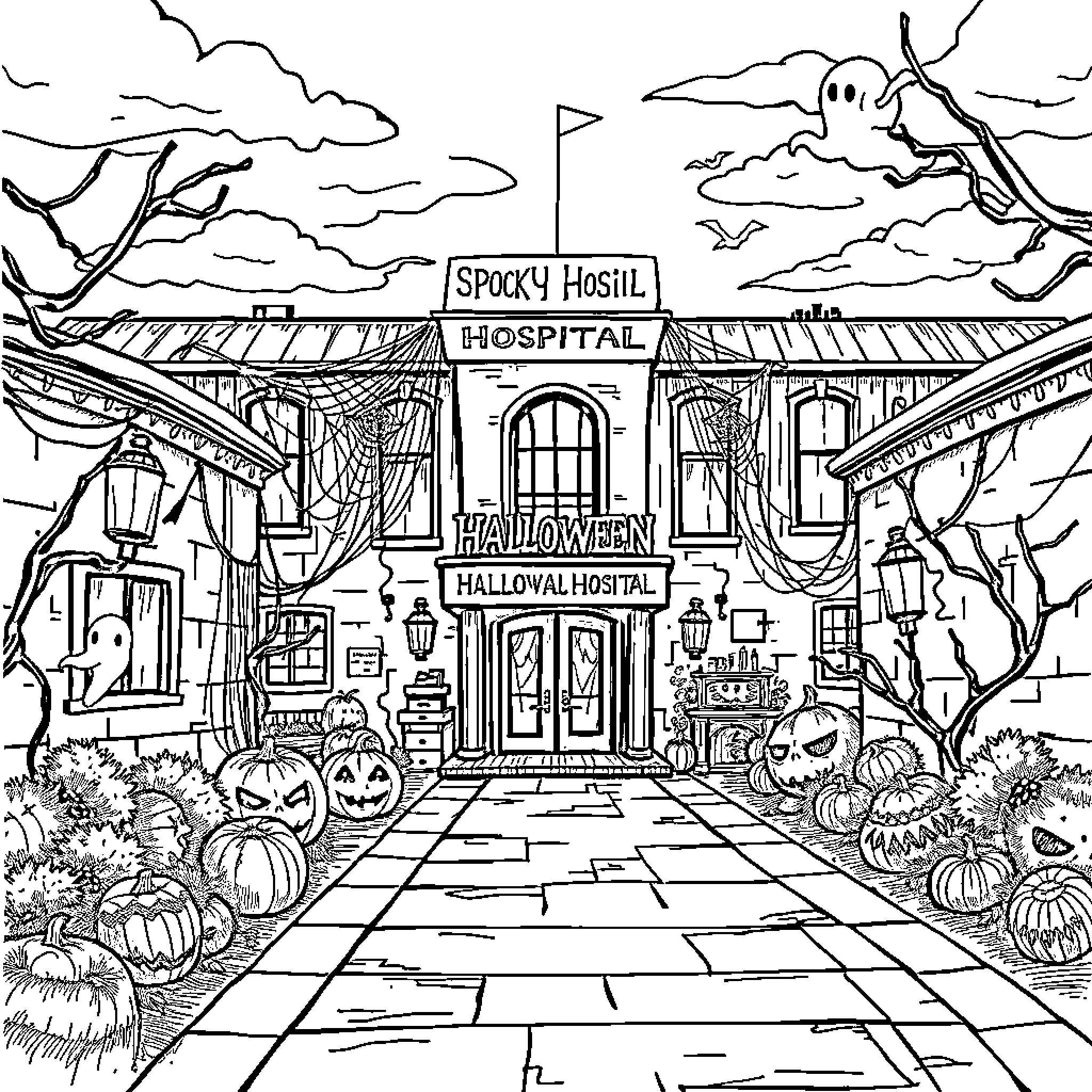 Hospital with Spooky Outdoor Halloween Scene Coloring Page (free black-and-white line drawing printable PDF for all, from beginners to advanced learners, including children, teens, adults, and seniors)