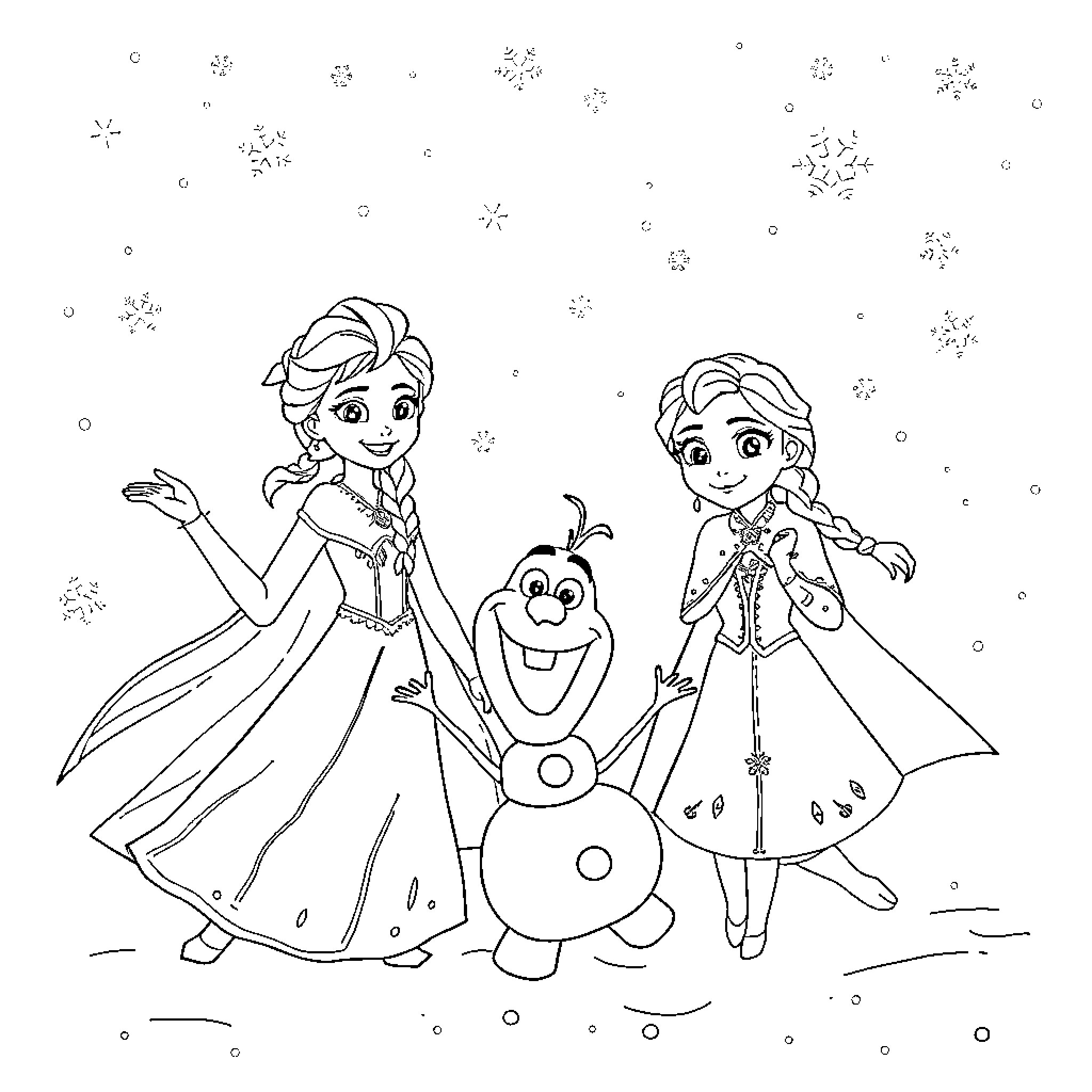 Frozen Characters Posing in Winter Wonderland Coloring Page (free black-and-white line drawing printable PDF for all, from beginners to advanced learners, including children, teens, adults, and seniors)