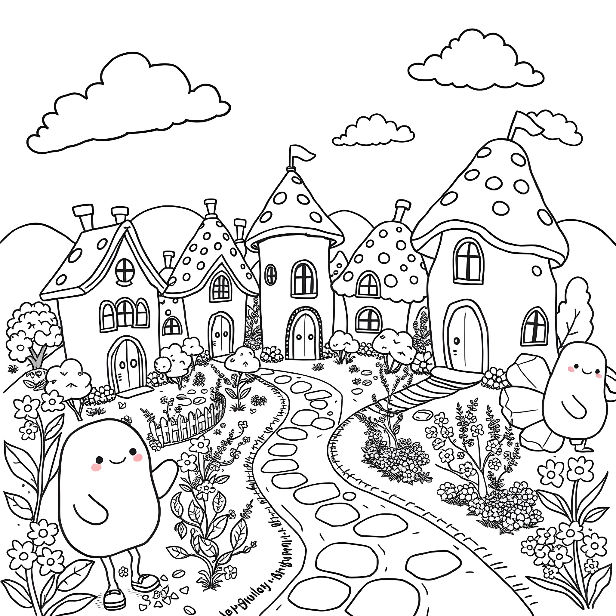 Town of fanciful mushroom-shaped houses and happy creatures Coloring Page (free black-and-white line drawing printable PDF for all, from beginners to advanced learners, including children, teens, adults, and seniors)