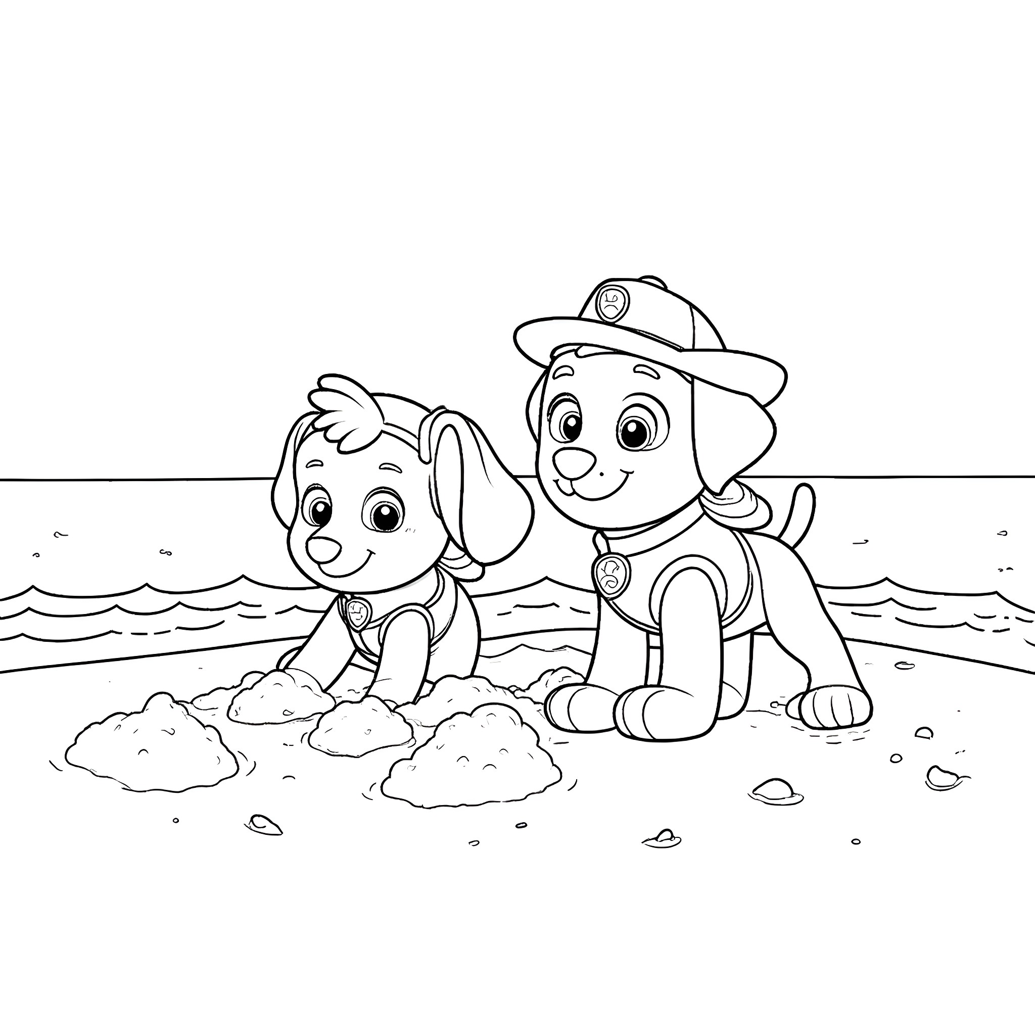Bluey and Friends Playing in the Sand Coloring Page (free black-and-white line drawing printable PDF for all, from beginners to advanced learners, including children, teens, adults, and seniors)