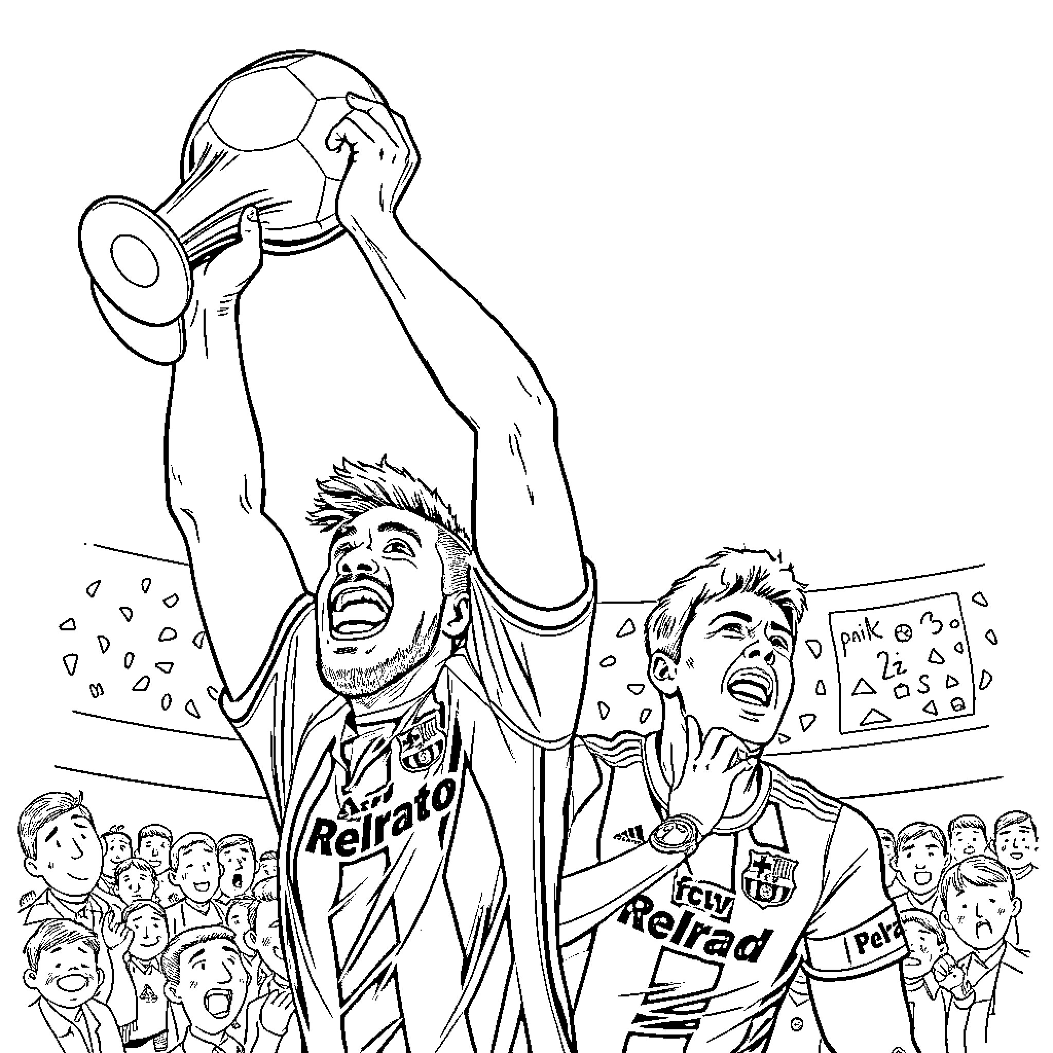 Bellingham soccer players celebrating victory in the stadium Coloring Page (free black-and-white line drawing printable PDF for all, from beginners to advanced learners, including children, teens, adults, and seniors)