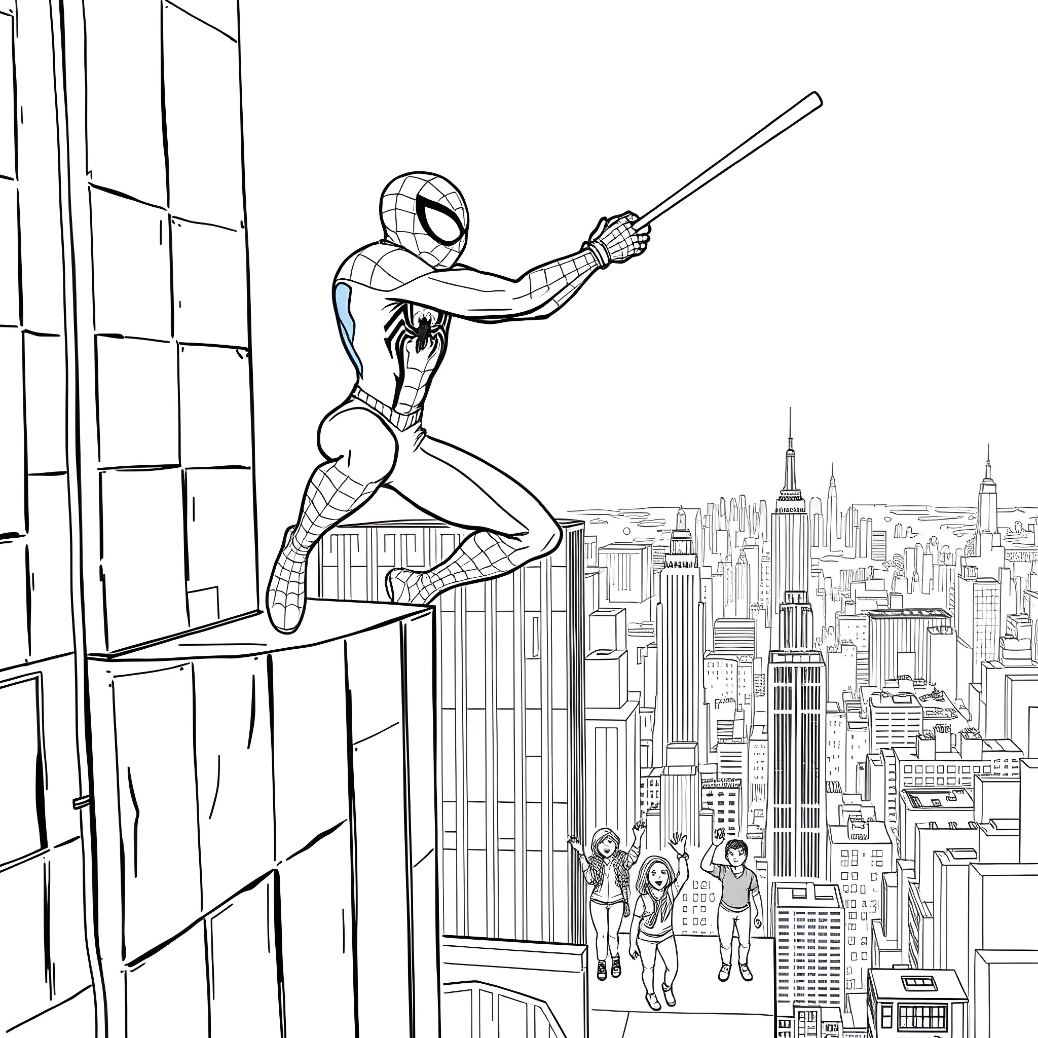 Spider-Man swinging through the city skyline Coloring Page (free black-and-white line drawing printable PDF for all, from beginners to advanced learners, including children, teens, adults, and seniors)