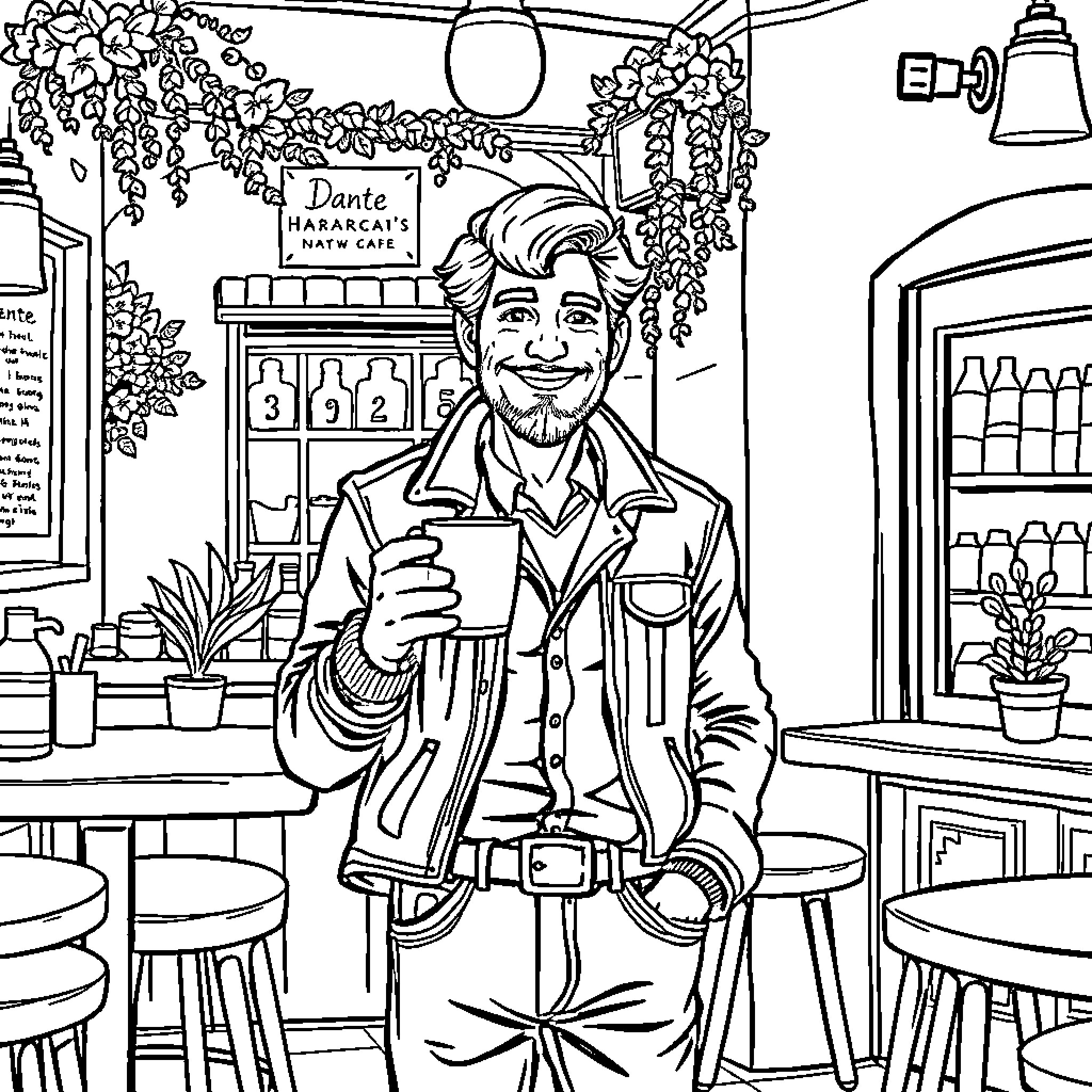 Dante's Delightful Day at the Cafe Coloring Page (free black-and-white line drawing printable PDF for all, from beginners to advanced learners, including children, teens, adults, and seniors)
