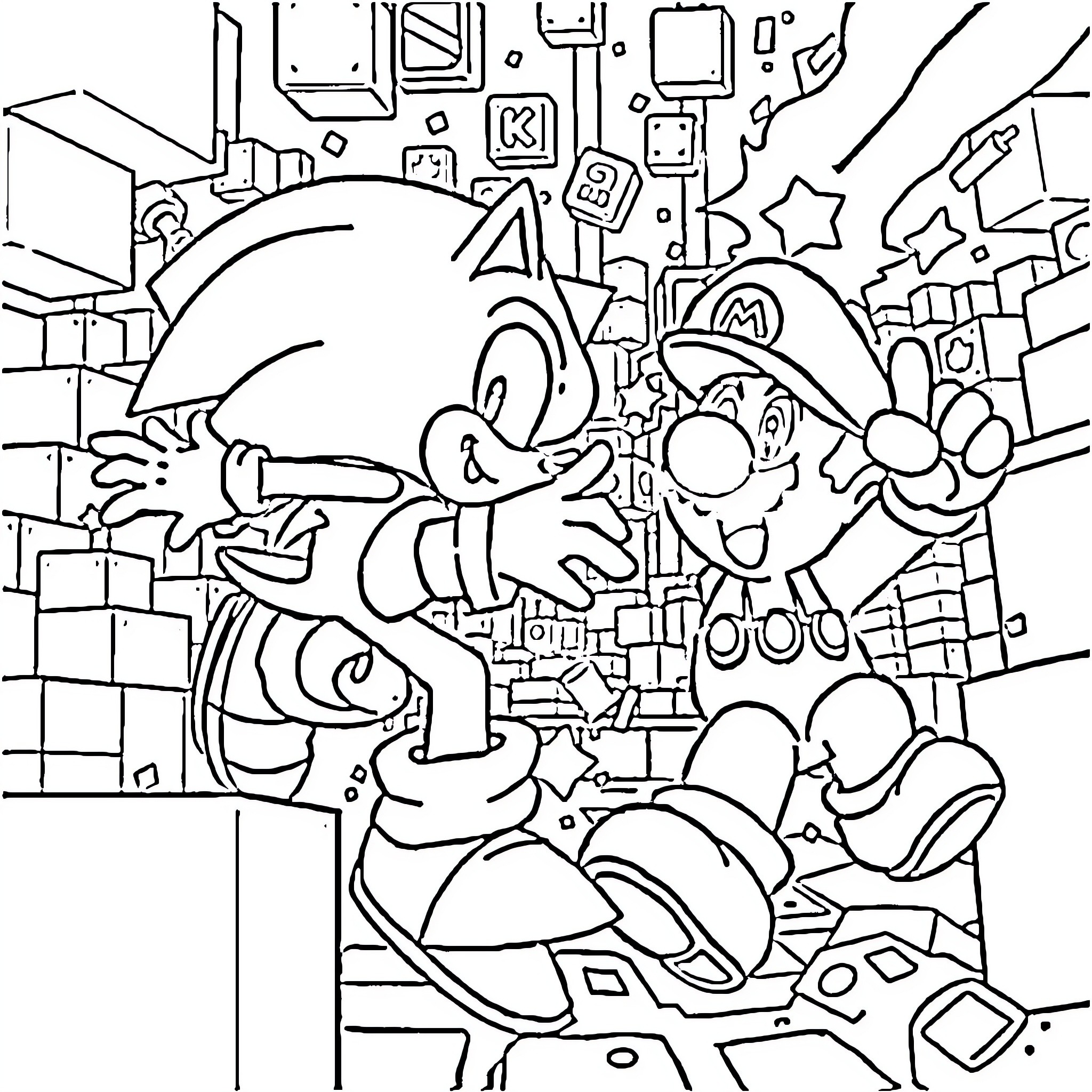 Sonic's Adventurous Journey through a Whimsical World Coloring Page (free black-and-white line drawing printable PDF for all, from beginners to advanced learners, including children, teens, adults, and seniors)