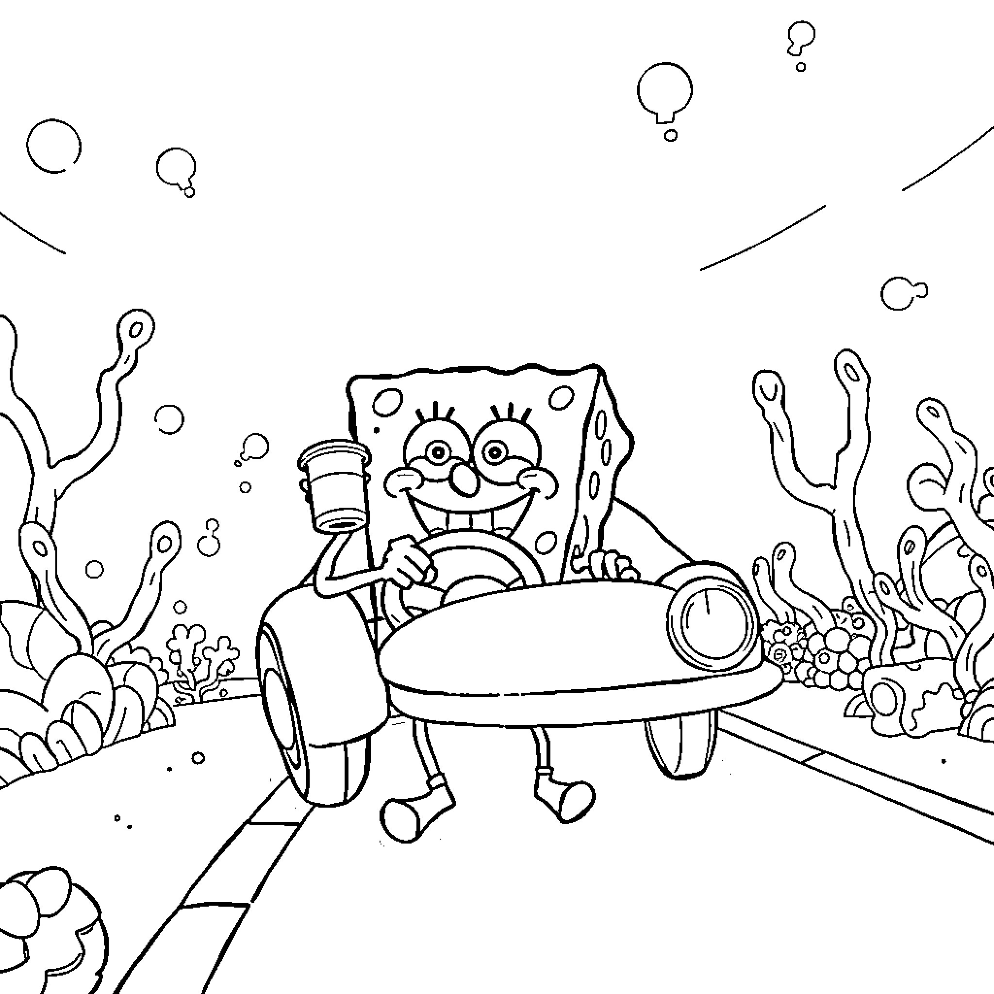 Spongebob driving a vehicle underwater with friends Coloring Page (free black-and-white line drawing printable PDF for all, from beginners to advanced learners, including children, teens, adults, and seniors)