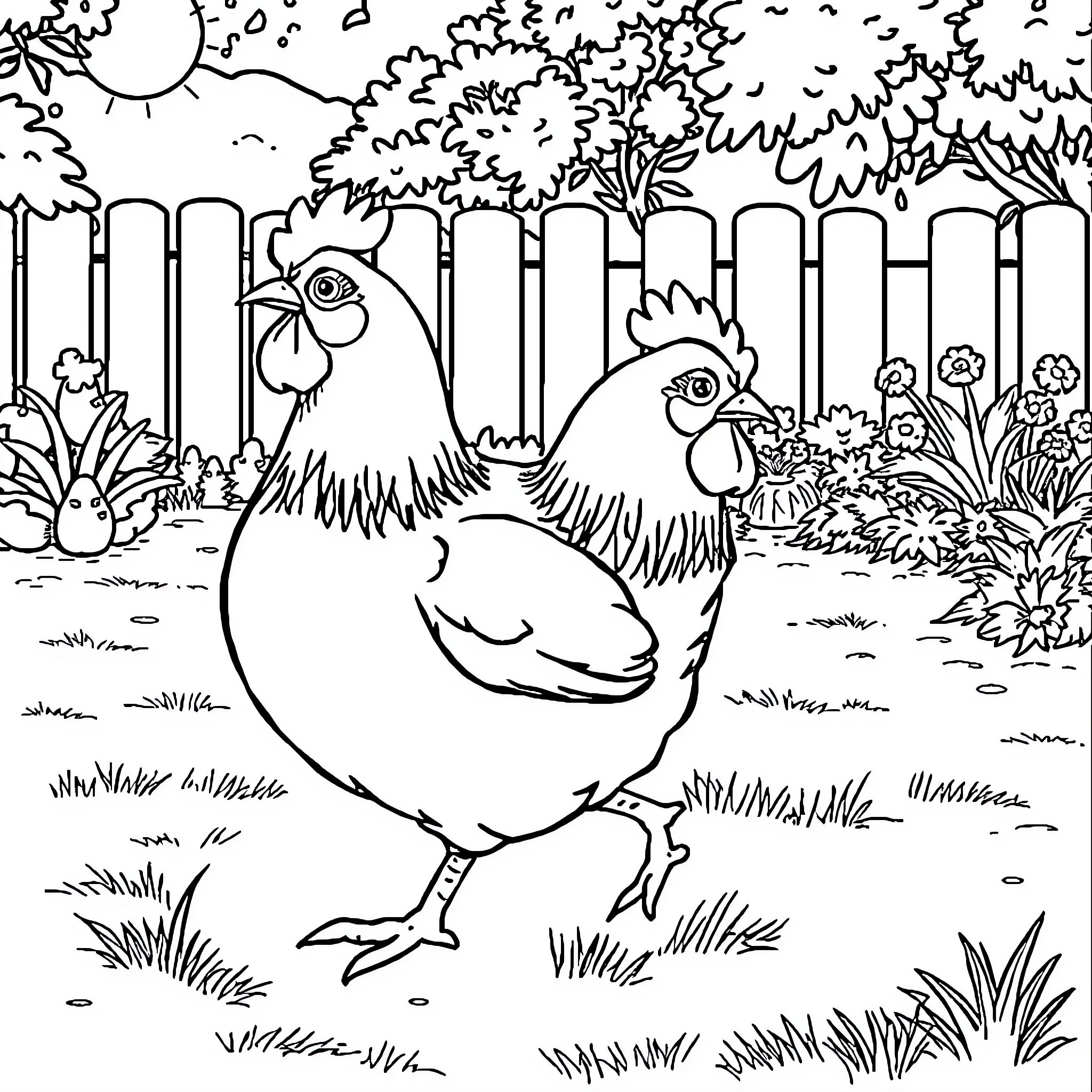 Chicken exploring the backyard scene Coloring Page (free black-and-white line drawing printable PDF for all, from beginners to advanced learners, including children, teens, adults, and seniors)