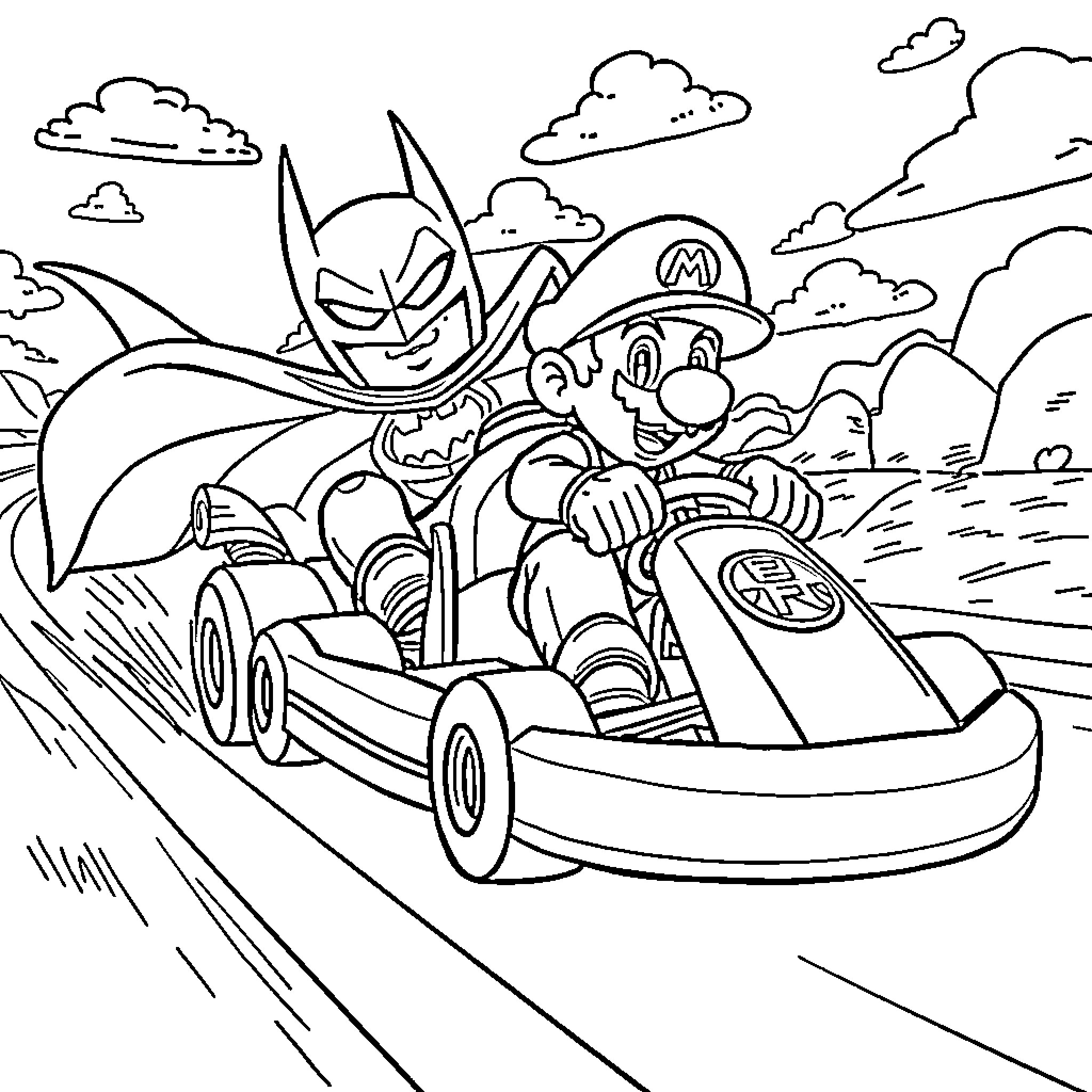 Batman and Mario racing together in a kart Coloring Page (free black-and-white line drawing printable PDF for all, from beginners to advanced learners, including children, teens, adults, and seniors)