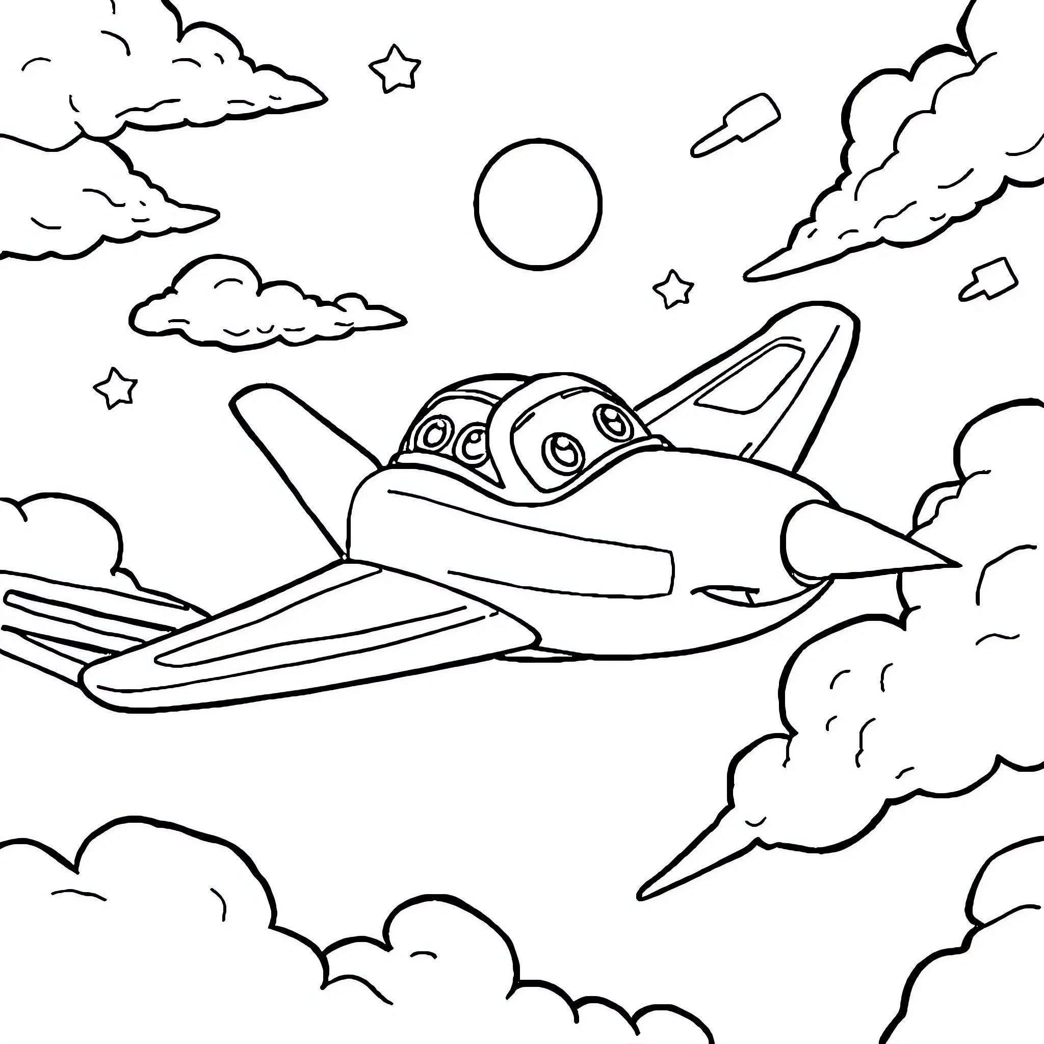 Jet aircraft flying through the cloudy sky Coloring Page (free black-and-white line drawing printable PDF for all, from beginners to advanced learners, including children, teens, adults, and seniors)