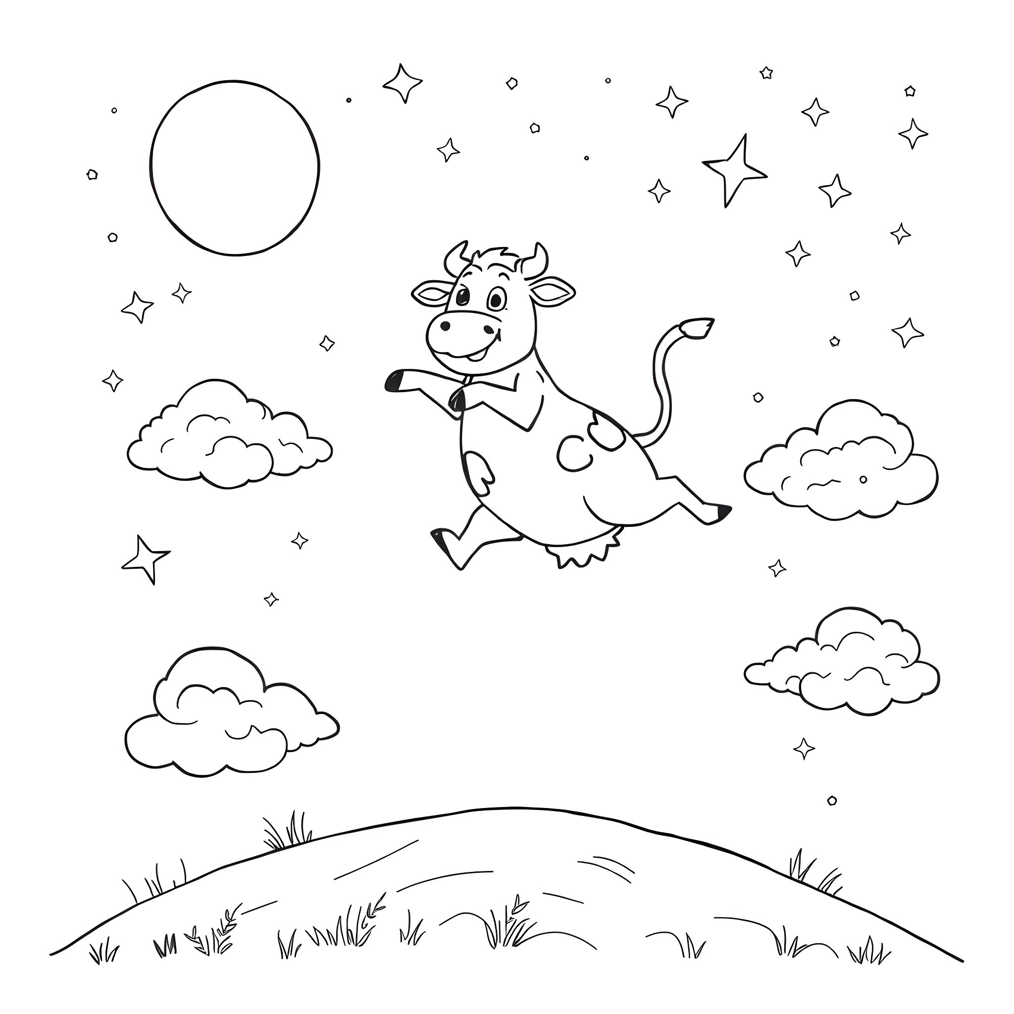 Cow jumping happily under the starry night sky Coloring Page (free black-and-white line drawing printable PDF for all, from beginners to advanced learners, including children, teens, adults, and seniors)