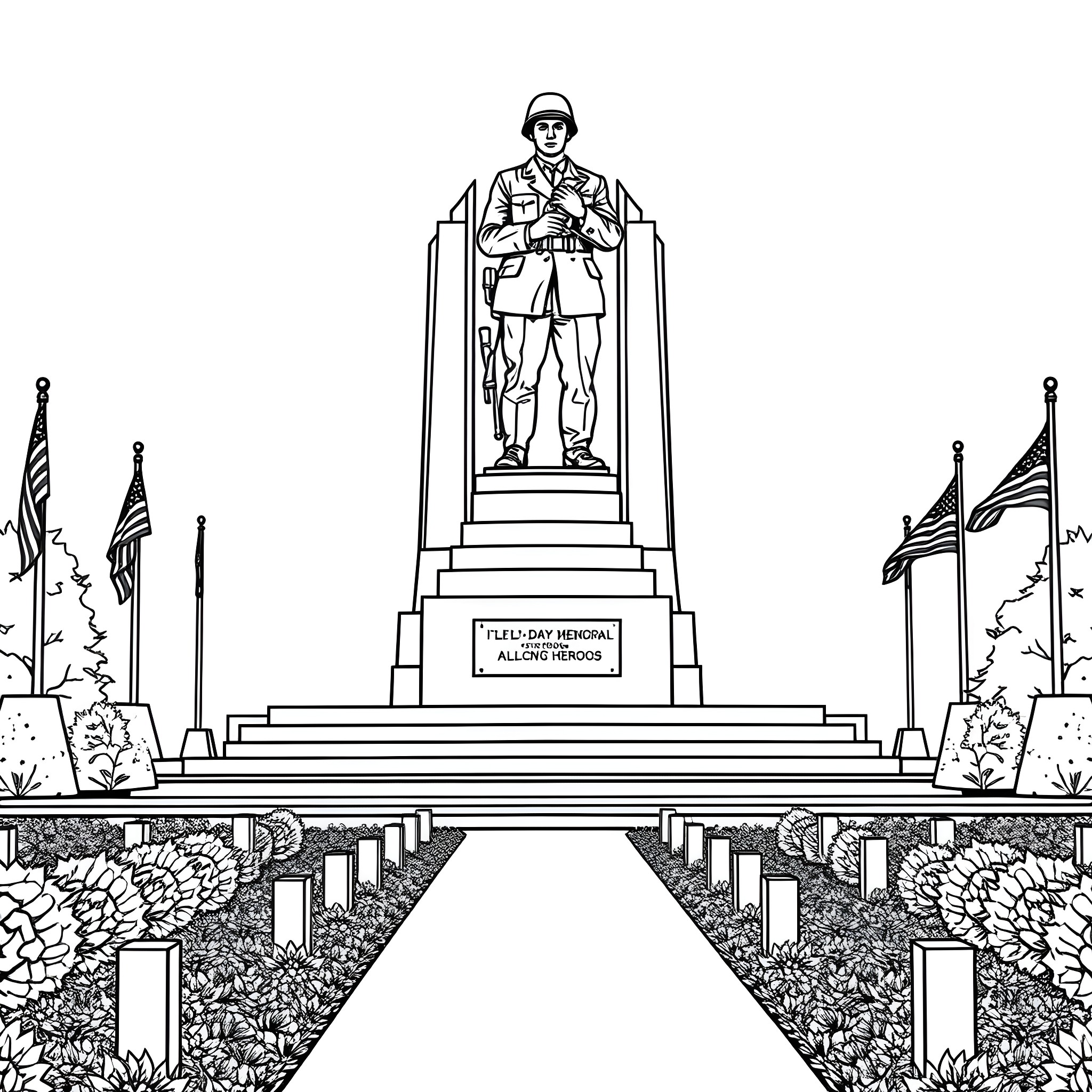 DDay Memorial Monument with Soldier Statue Coloring Page (free black-and-white line drawing printable PDF for all, from beginners to advanced learners, including children, teens, adults, and seniors)