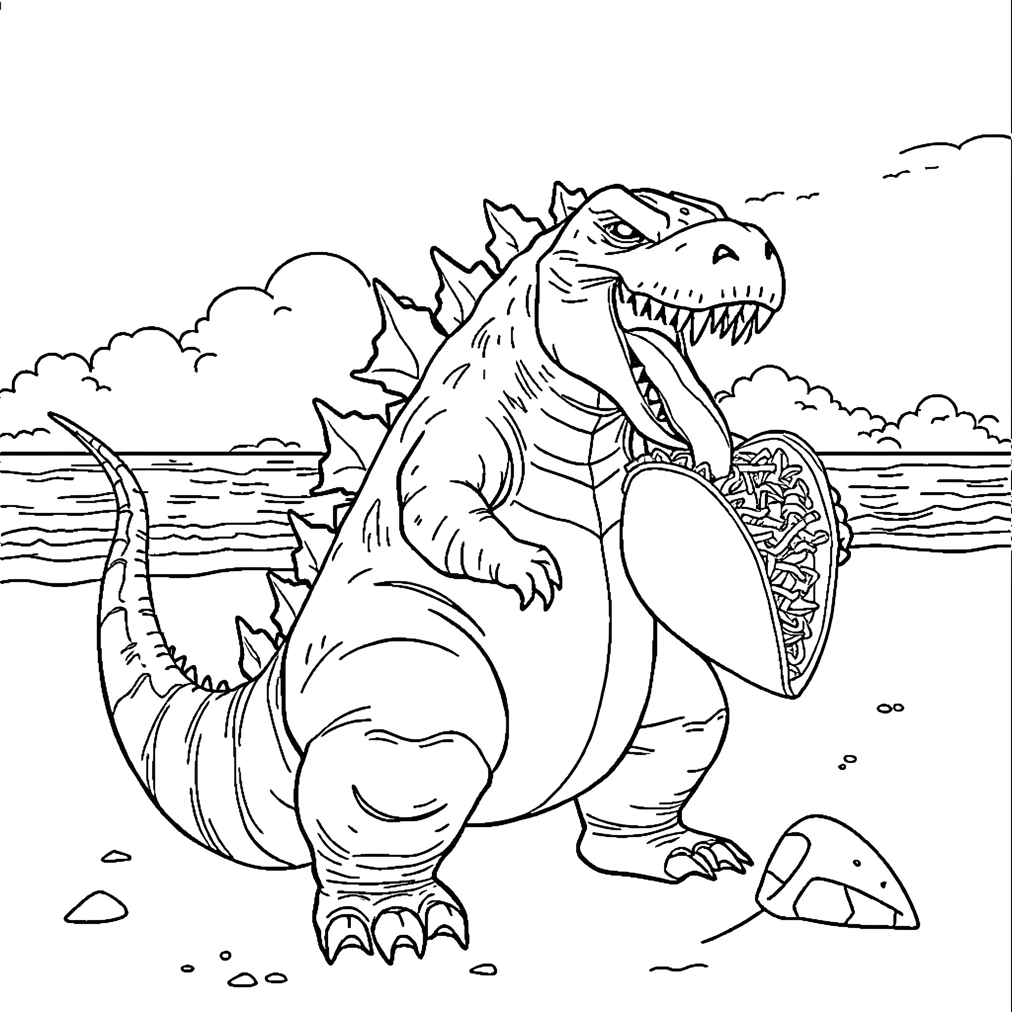 Godzilla stomping through the sea Coloring Page (free black-and-white line drawing printable PDF for all, from beginners to advanced learners, including children, teens, adults, and seniors)