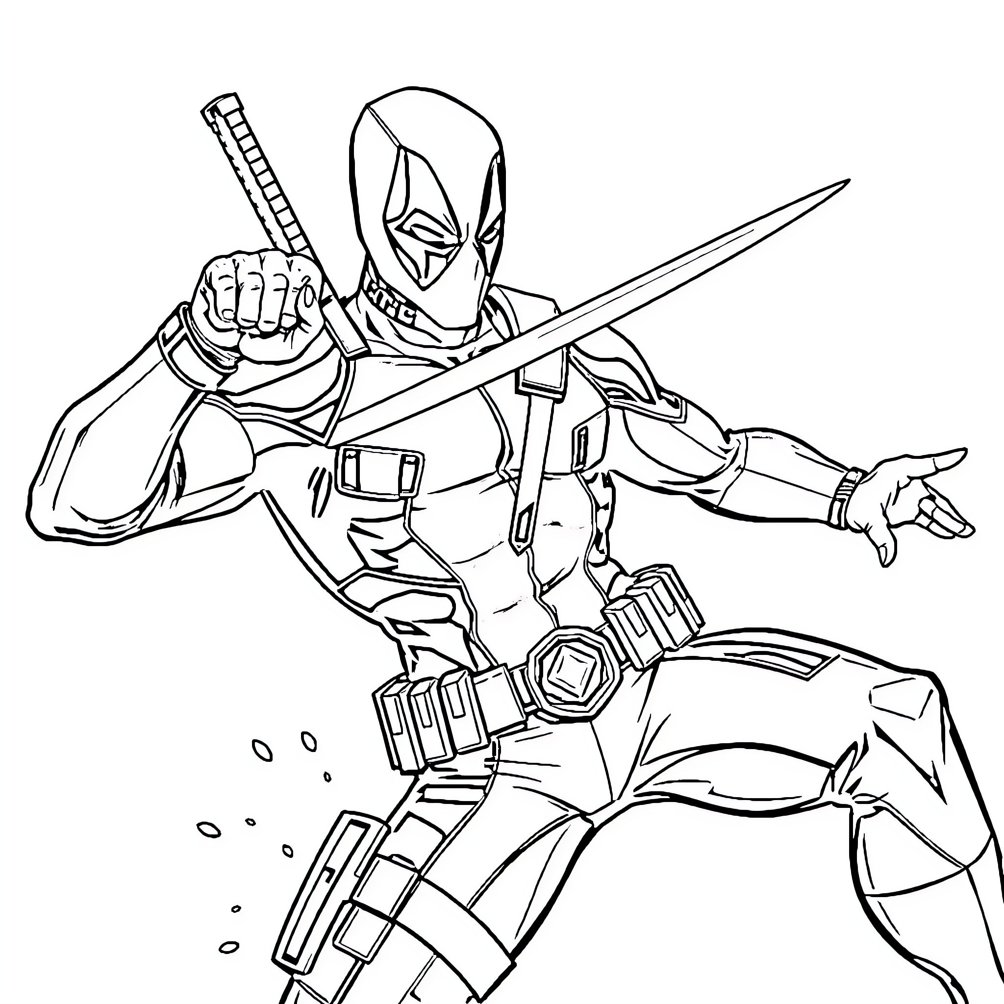 Deadpool in Action-Packed Pose with Sword Coloring Page (free black-and-white line drawing printable PDF for all, from beginners to advanced learners, including children, teens, adults, and seniors)