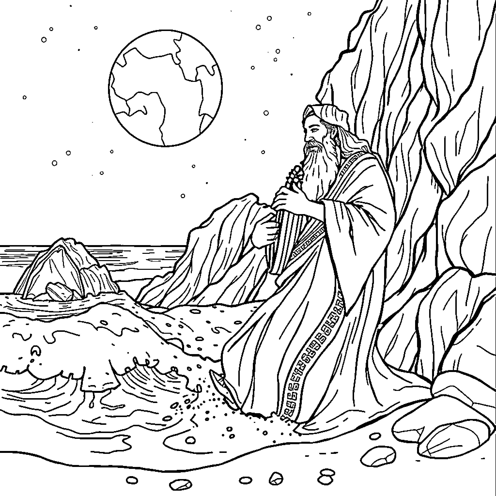 Rumi's Mystical Encounter by the Cosmic Sea Coloring Page (free black-and-white line drawing printable PDF for all, from beginners to advanced learners, including children, teens, adults, and seniors)