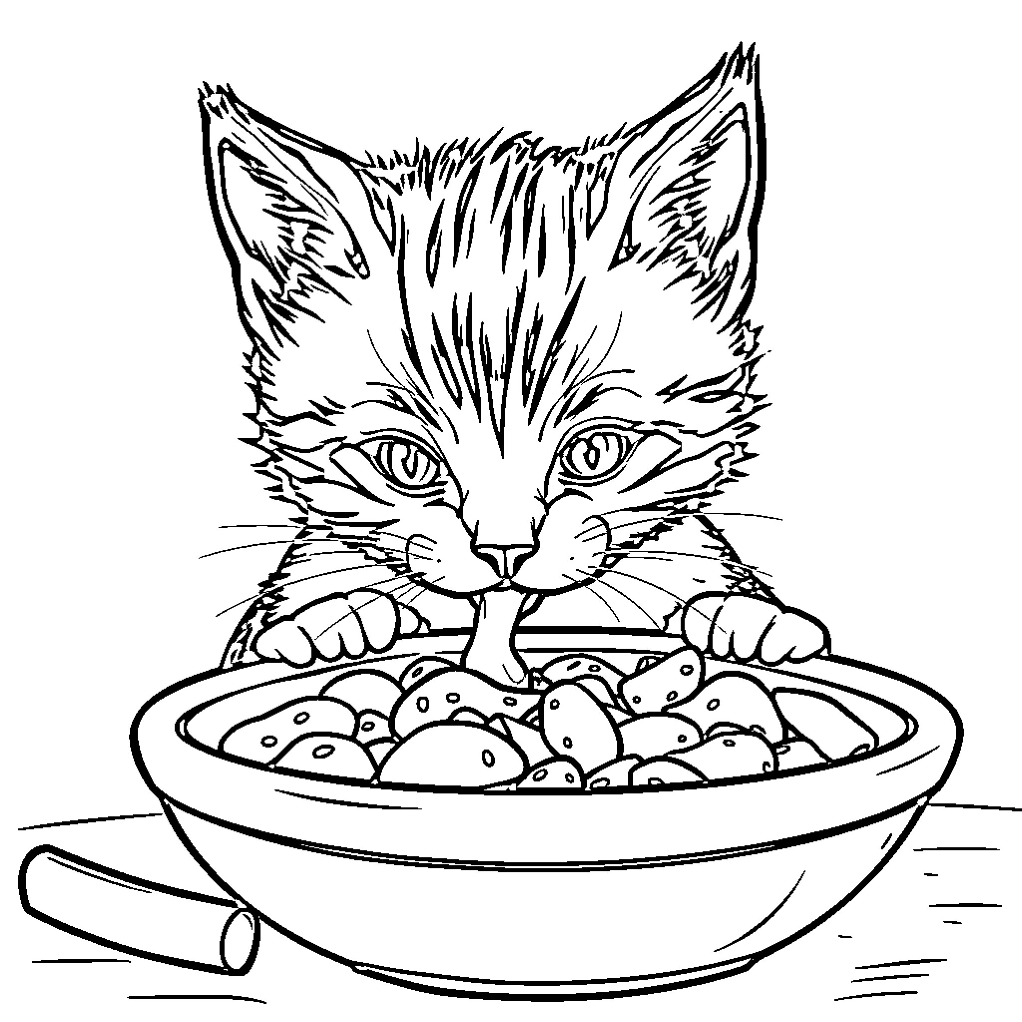 Kitty Enjoying a Meal Coloring Page (free black-and-white line drawing printable PDF for all, from beginners to advanced learners, including children, teens, adults, and seniors)