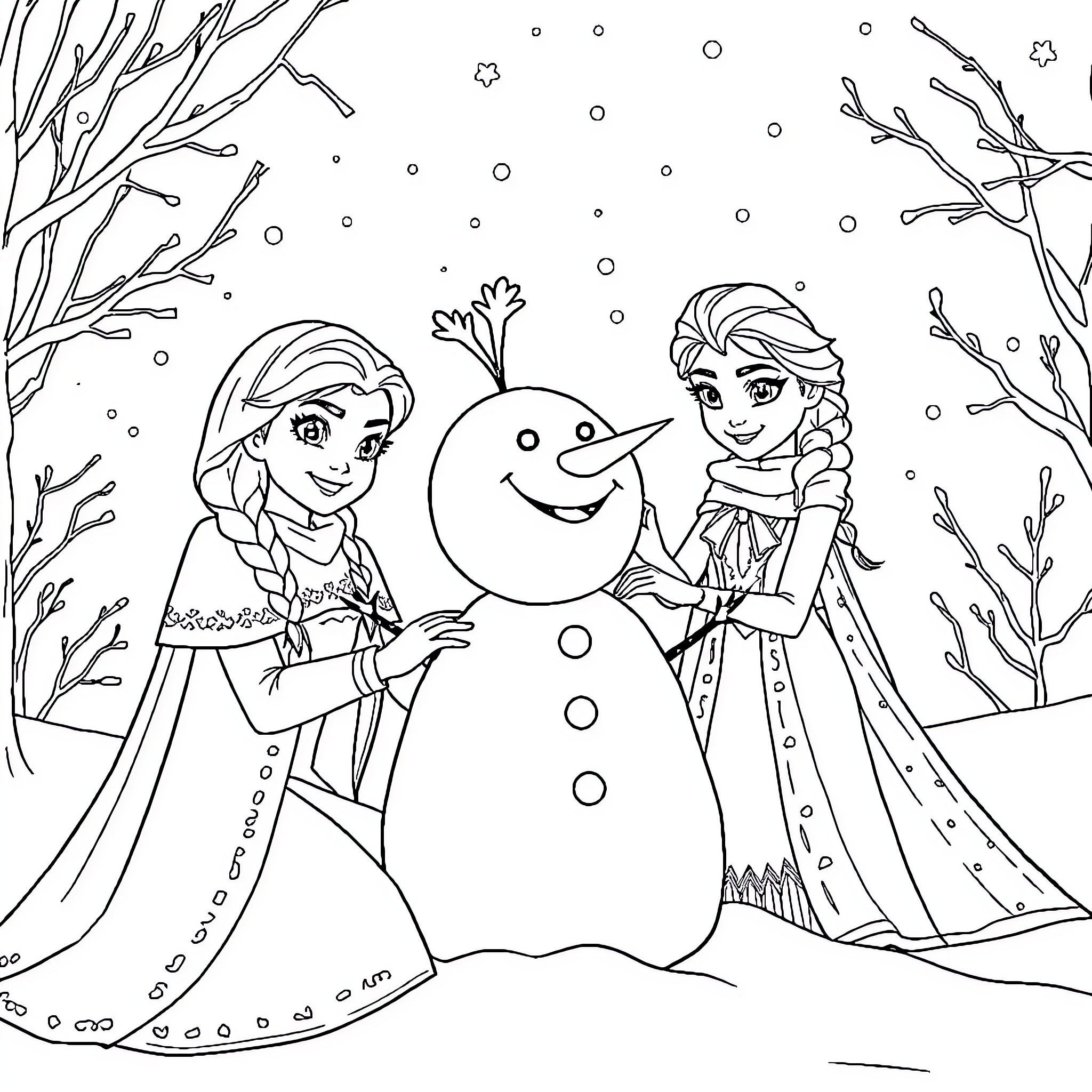 Anna and Elsa building a snowman in winter wonderland Coloring Page (free black-and-white line drawing printable PDF for all, from beginners to advanced learners, including children, teens, adults, and seniors)