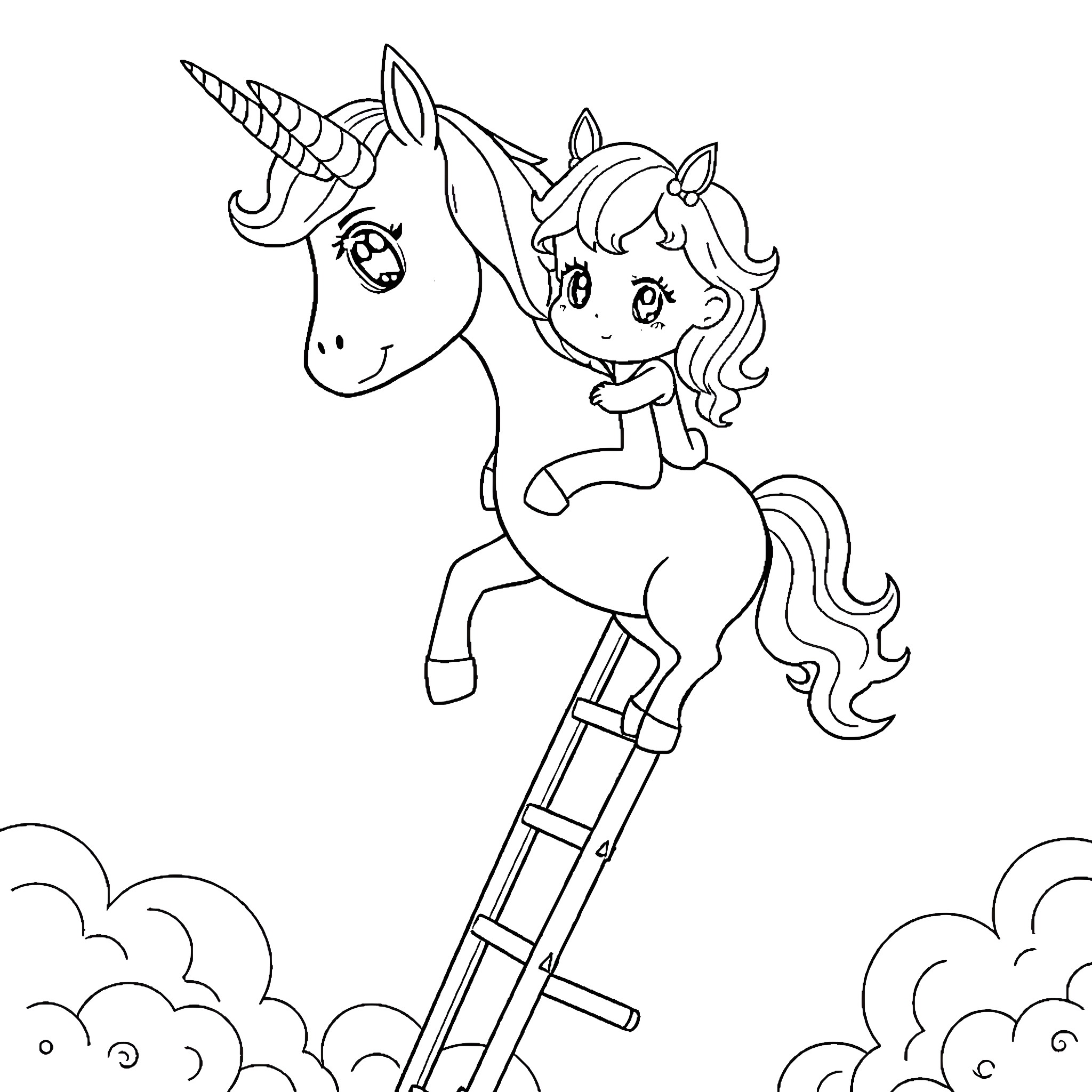 Unicorn and Girl Playing on Ladder Coloring Page (free black-and-white line drawing printable PDF for all, from beginners to advanced learners, including children, teens, adults, and seniors)