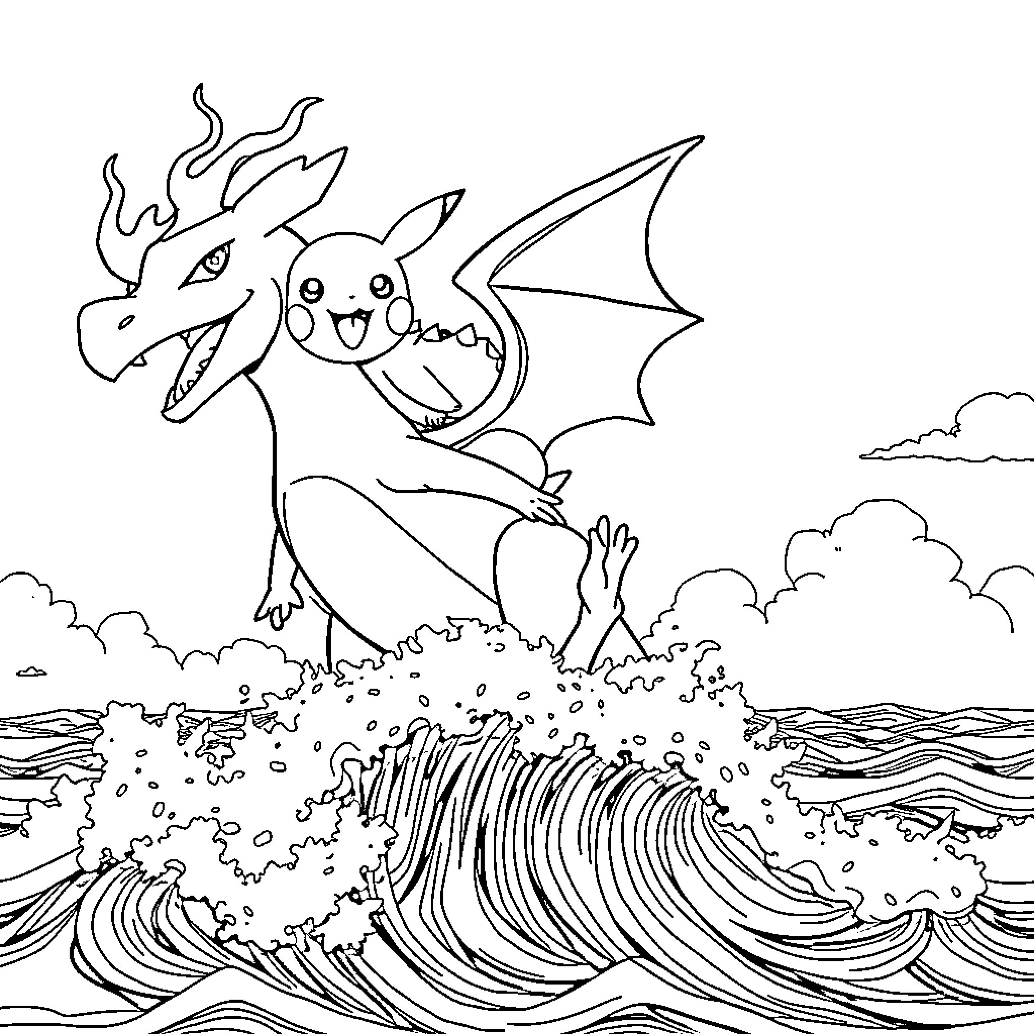 Pikachu rides a dragon through stormy seas Coloring Page (free black-and-white line drawing printable PDF for all, from beginners to advanced learners, including children, teens, adults, and seniors)