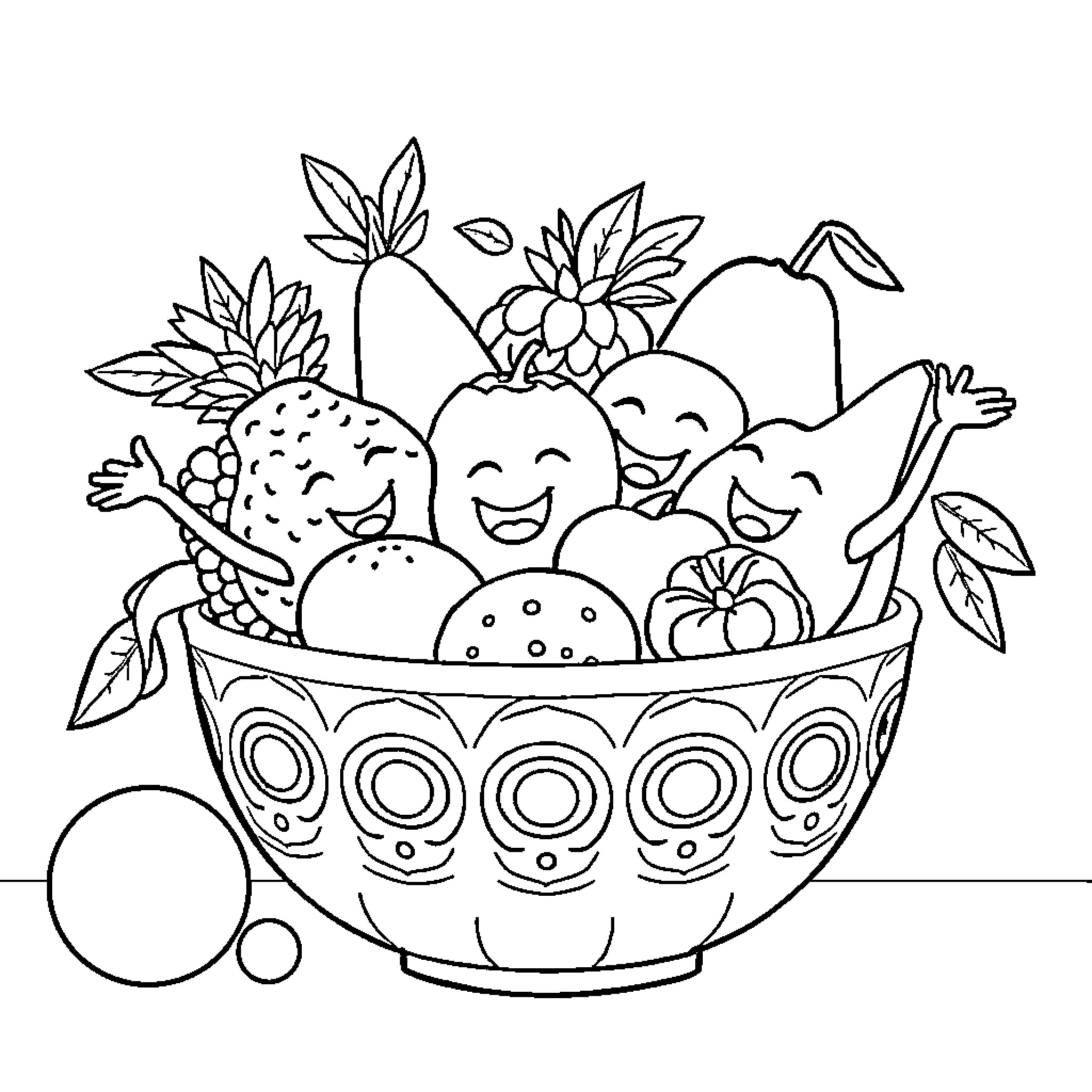 Fruit-filled bowl with happy expressions Coloring Page (free black-and-white line drawing printable PDF for all, from beginners to advanced learners, including children, teens, adults, and seniors)