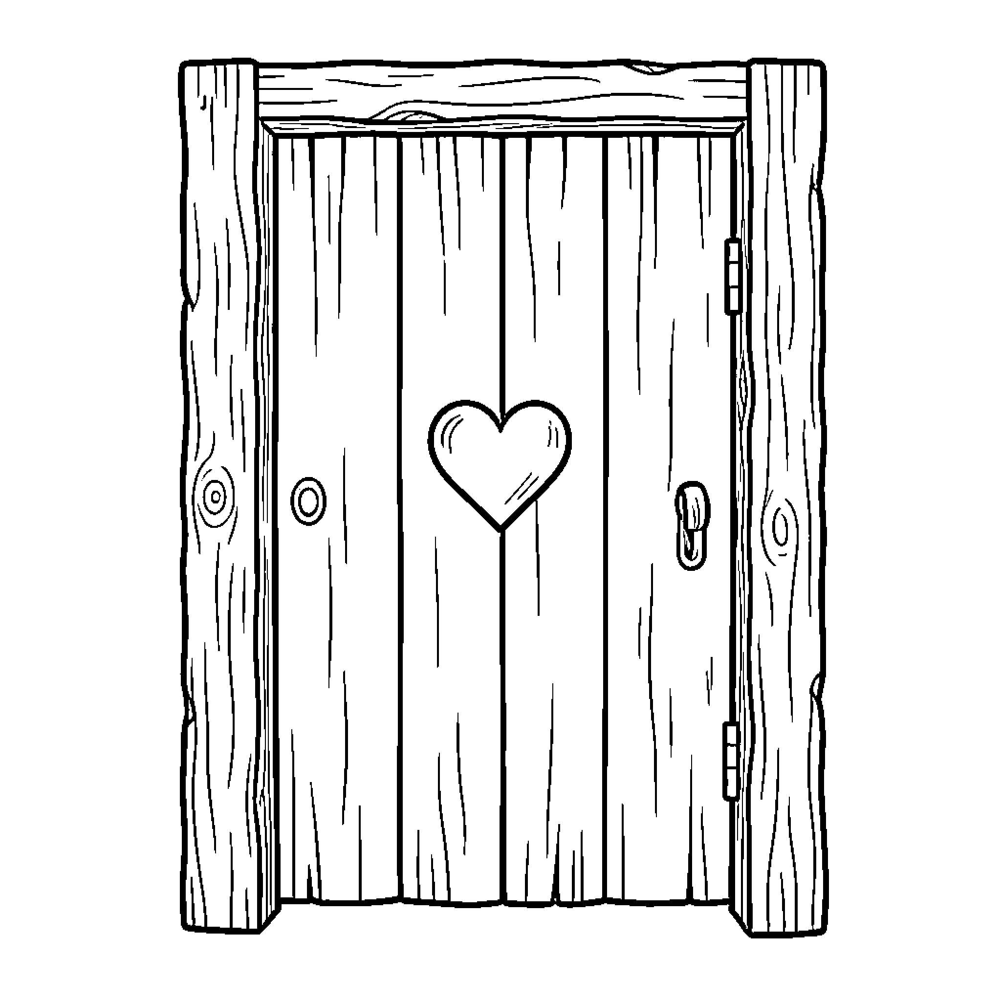 Door with Heart Cutout on Wooden Planks Coloring Page (free black-and-white line drawing printable PDF for all, from beginners to advanced learners, including children, teens, adults, and seniors)
