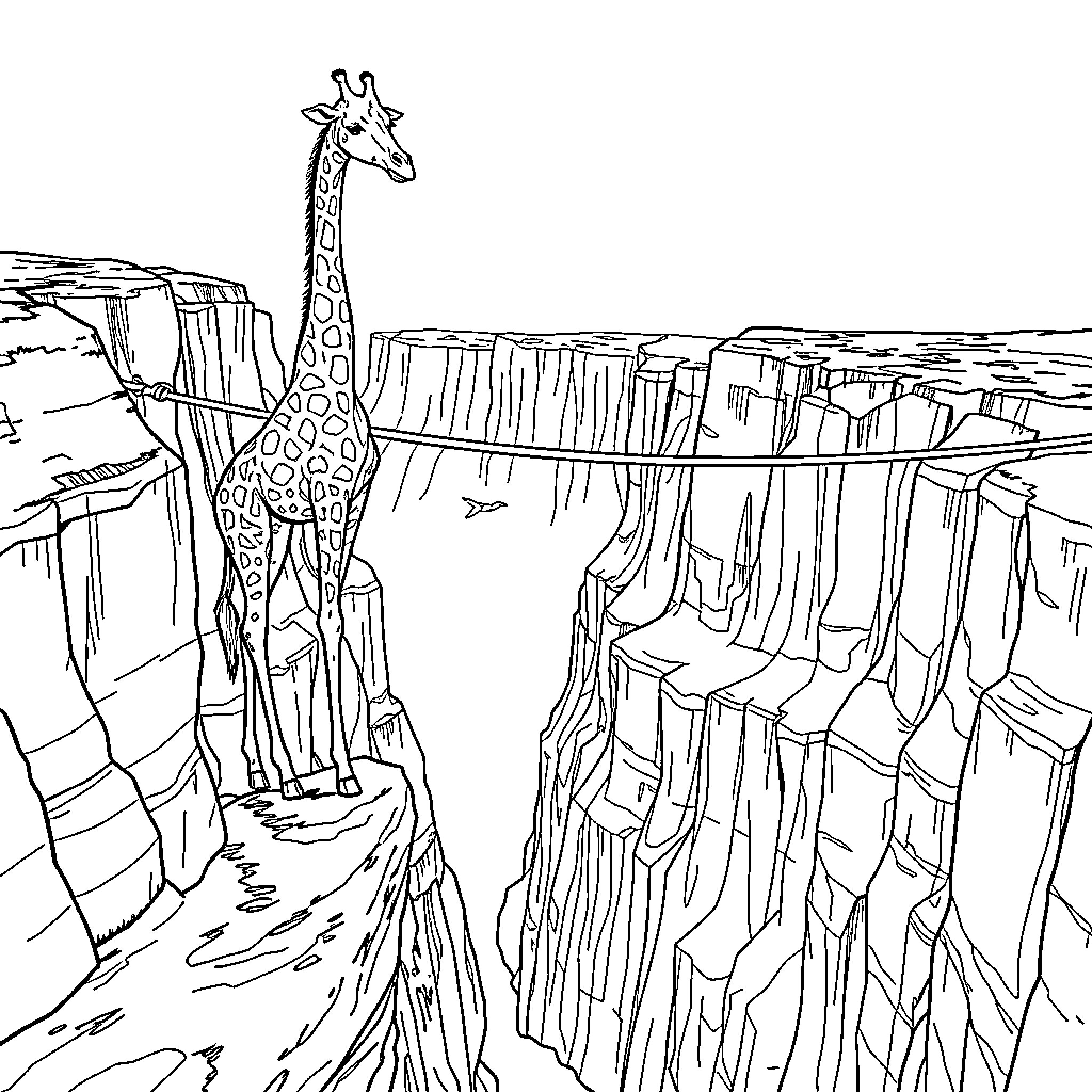 Giraffe overlooking the vast landscape Coloring Page (free black-and-white line drawing printable PDF for all, from beginners to advanced learners, including children, teens, adults, and seniors)