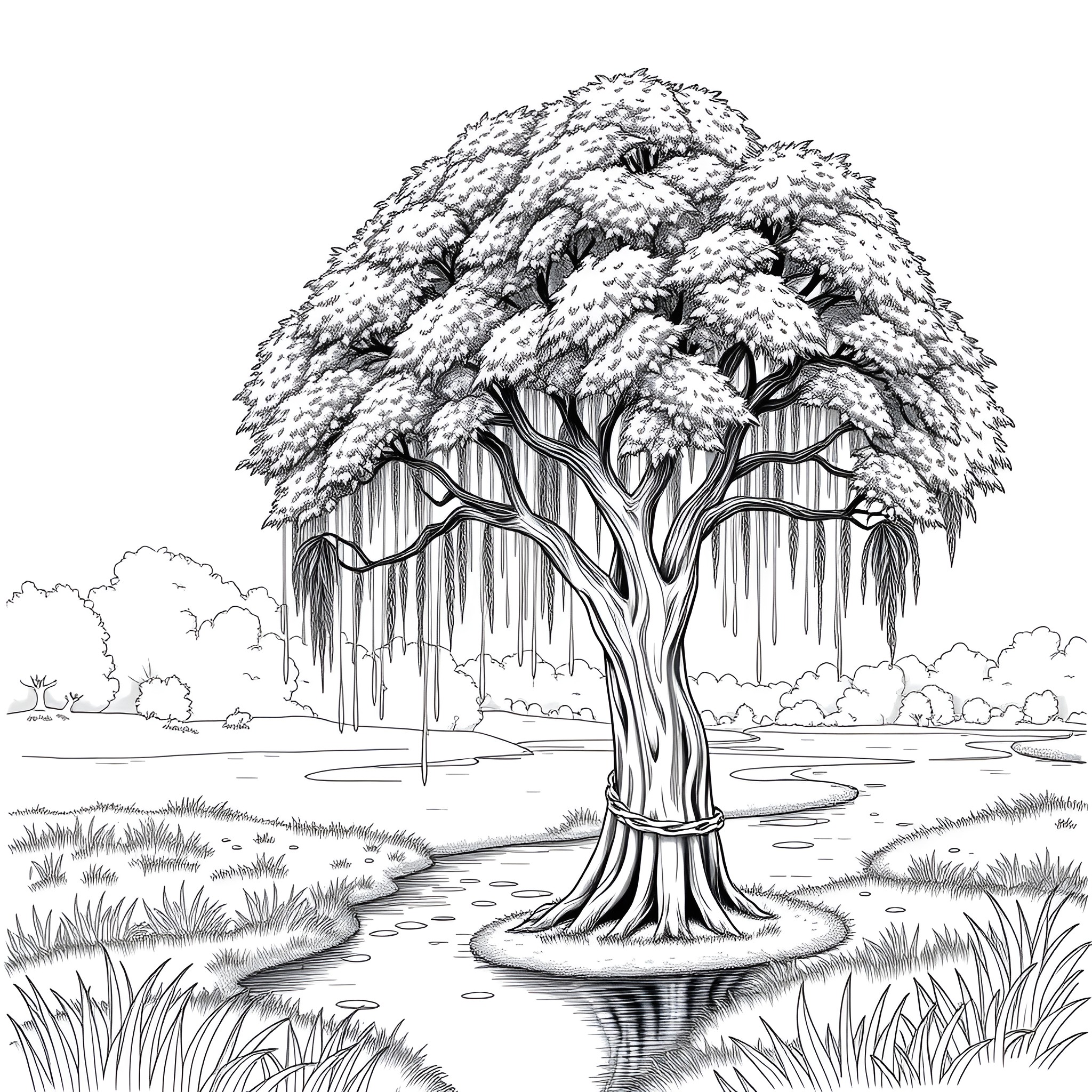 Neem Tree in Serene Winter Landscape Coloring Page (free black-and-white line drawing printable PDF for all, from beginners to advanced learners, including children, teens, adults, and seniors)