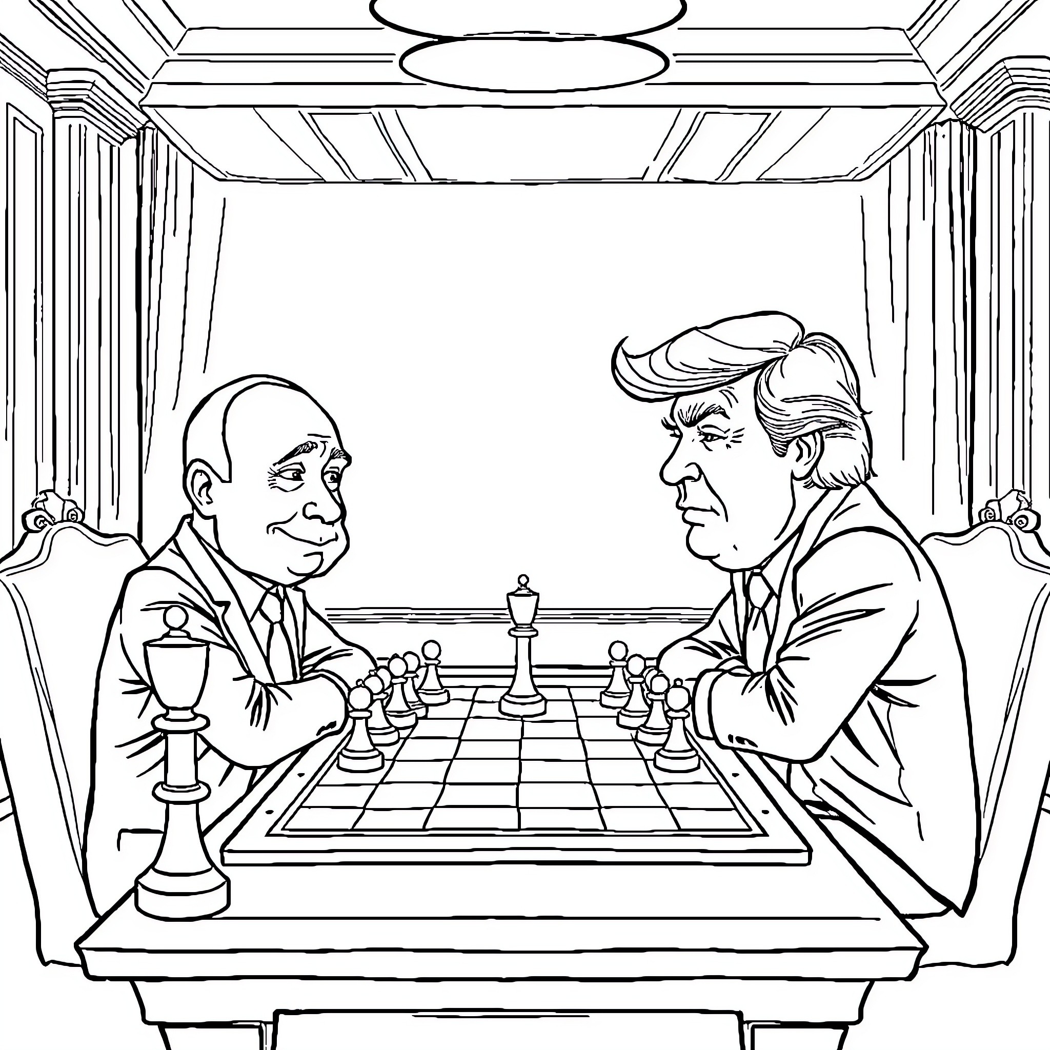 Putin playing chess with a political rival Coloring Page (free black-and-white line drawing printable PDF for all, from beginners to advanced learners, including children, teens, adults, and seniors)