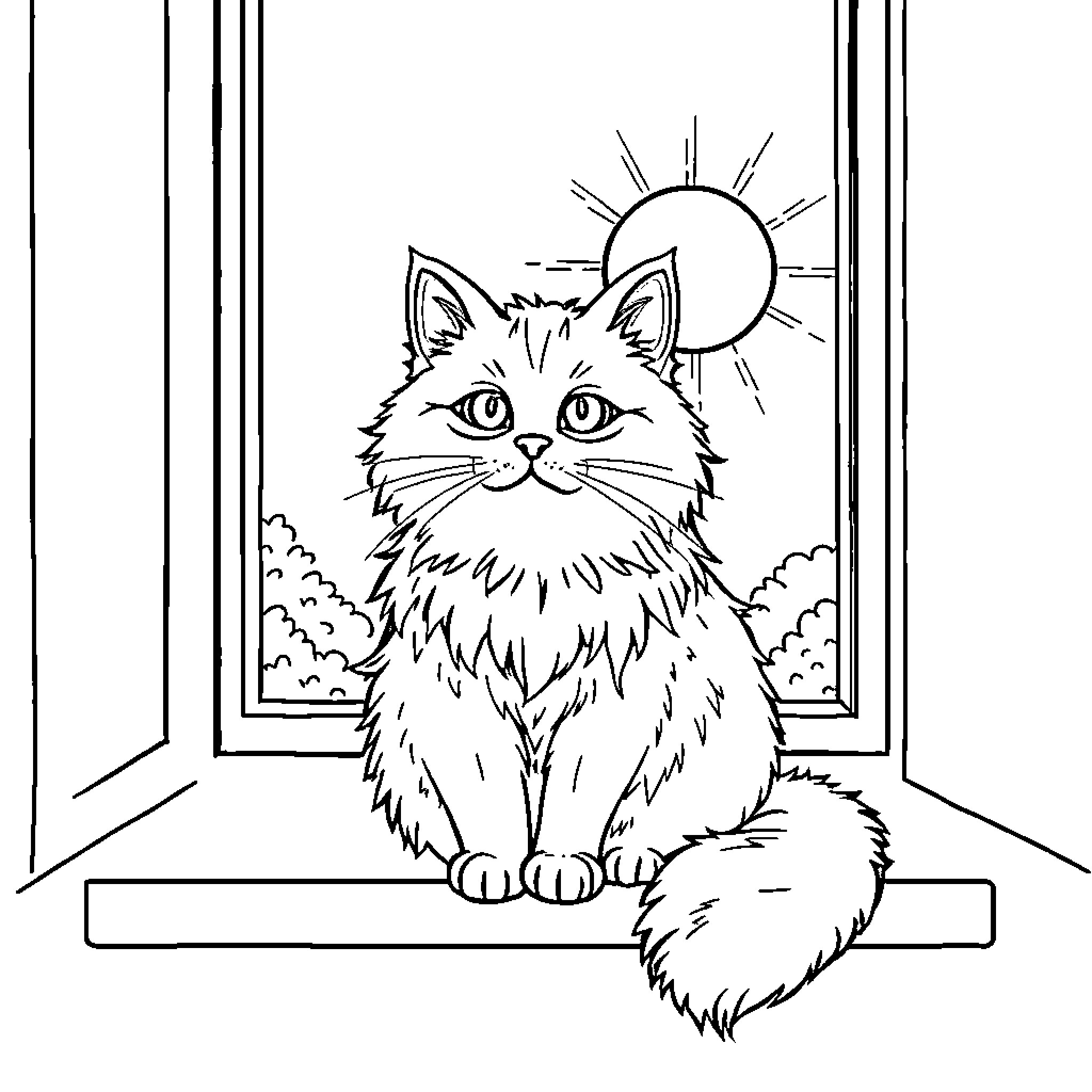 Cat sitting by the window under the sun Coloring Page (free black-and-white line drawing printable PDF for all, from beginners to advanced learners, including children, teens, adults, and seniors)