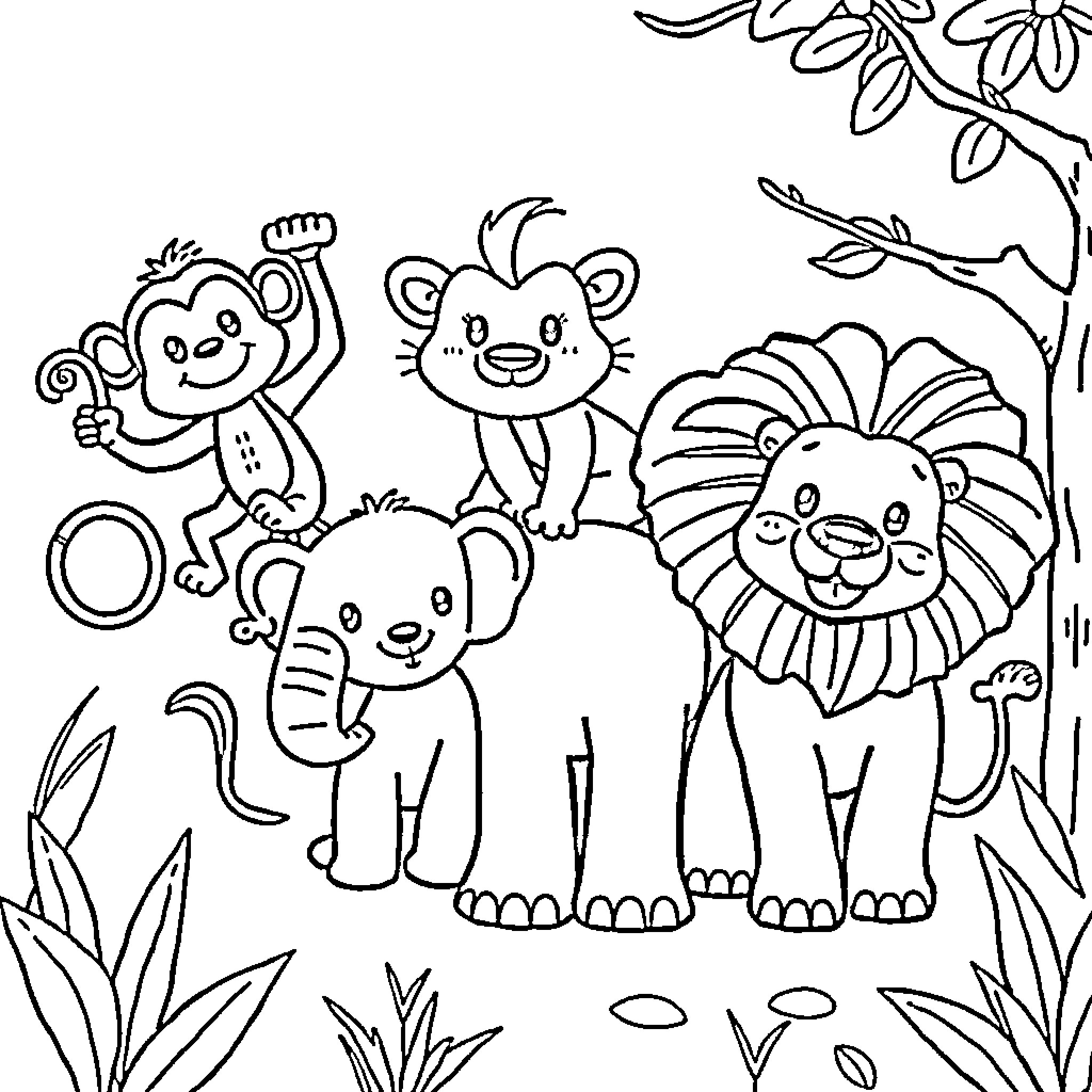Jungle Animals Playing Happily in the Wild Coloring Page (free black-and-white line drawing printable PDF for all, from beginners to advanced learners, including children, teens, adults, and seniors)
