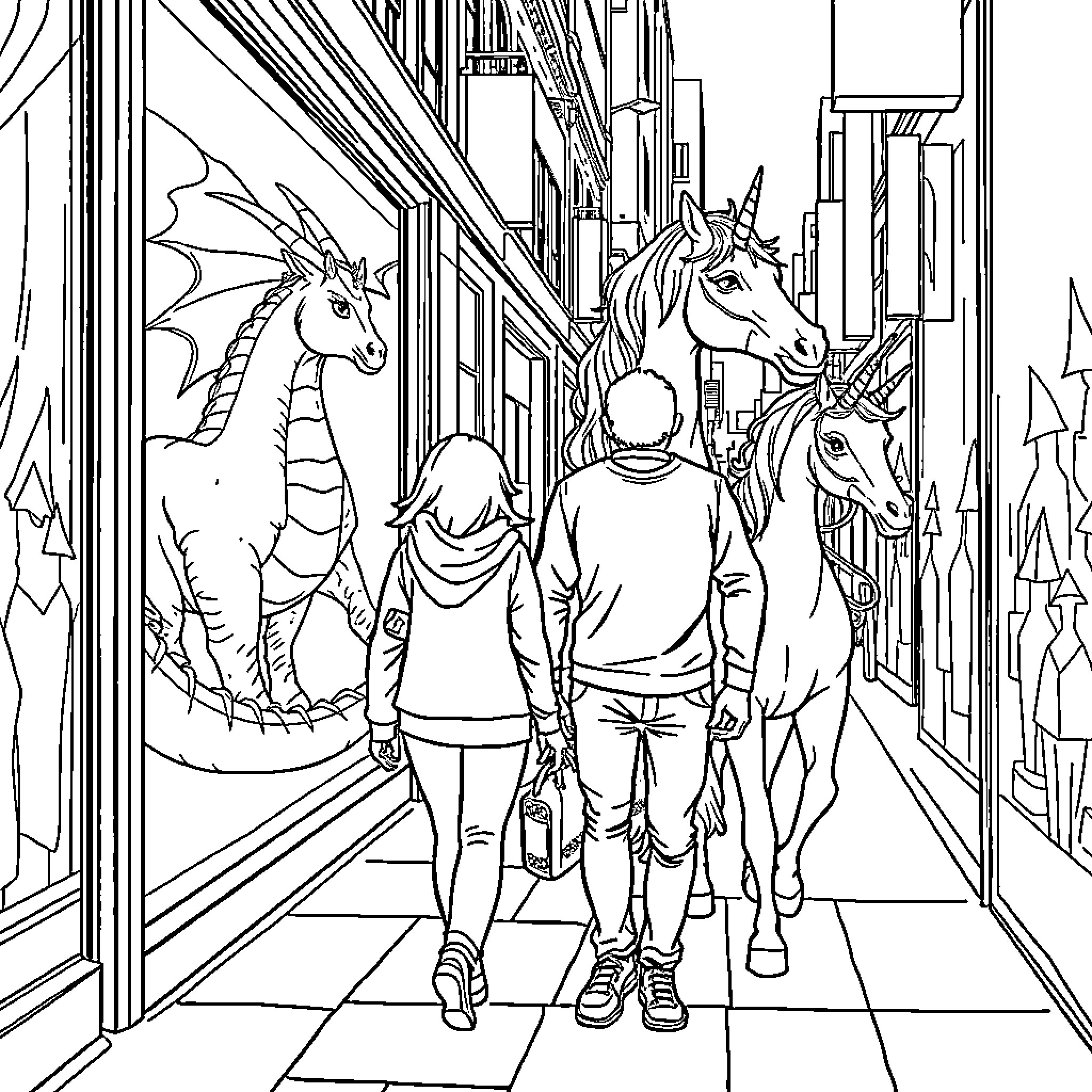 Human figures exploring a fantastical urban setting Coloring Page (free black-and-white line drawing printable PDF for all, from beginners to advanced learners, including children, teens, adults, and seniors)