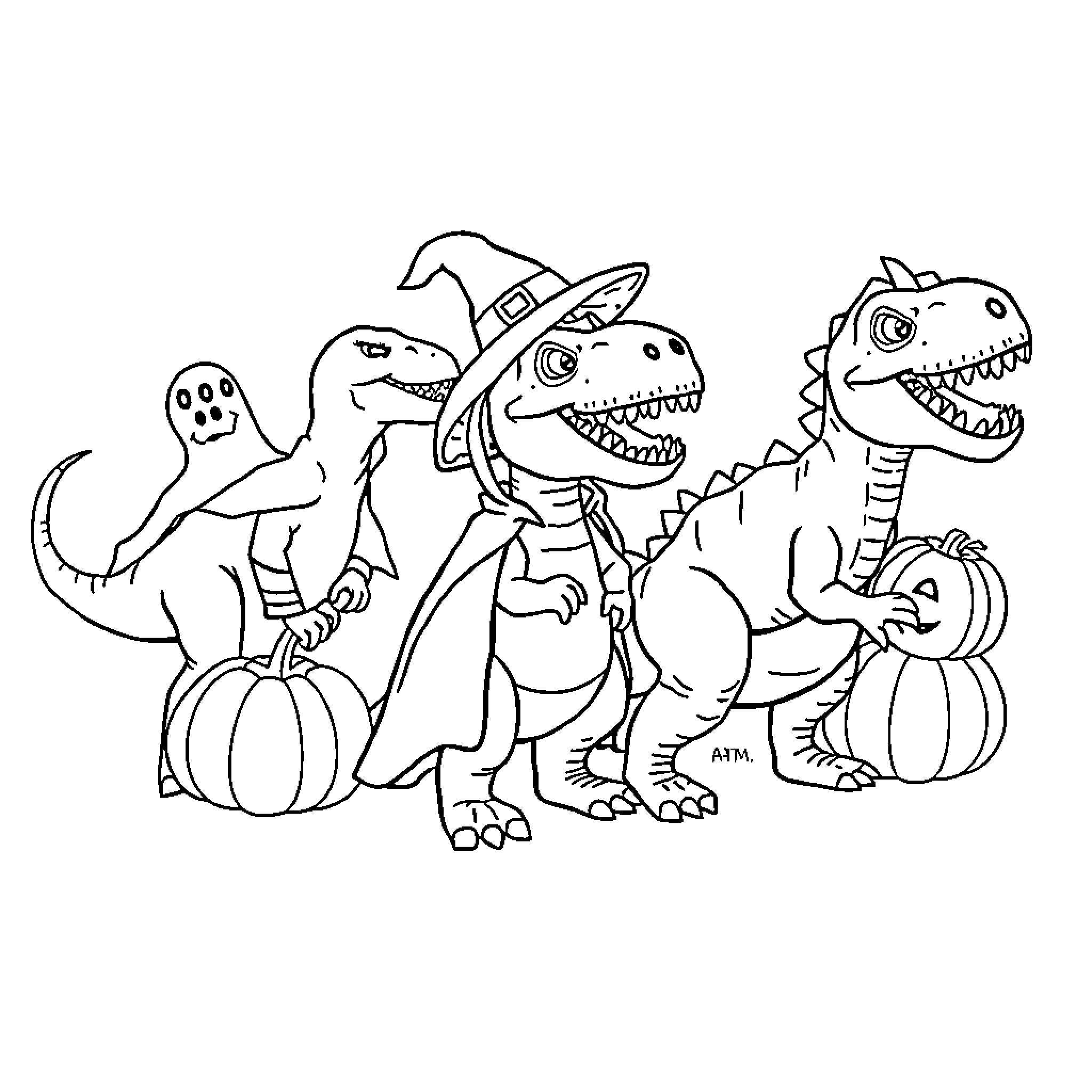 Dinosaurs in Halloween costumes and decorations Coloring Page (free black-and-white line drawing printable PDF for all, from beginners to advanced learners, including children, teens, adults, and seniors)