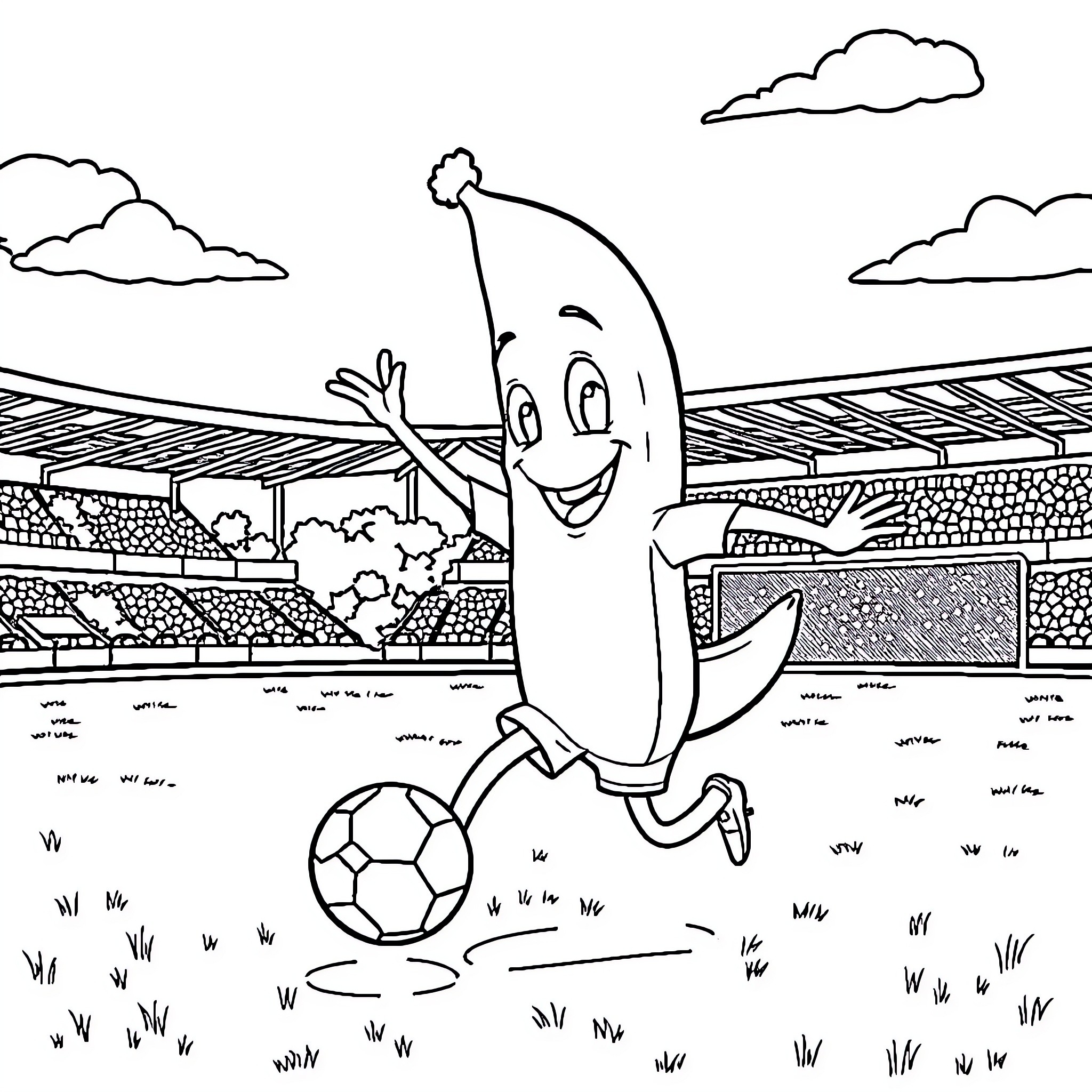 Peely playing joyfully with a soccer ball in the stadium Coloring Page (free black-and-white line drawing printable PDF for all, from beginners to advanced learners, including children, teens, adults, and seniors)