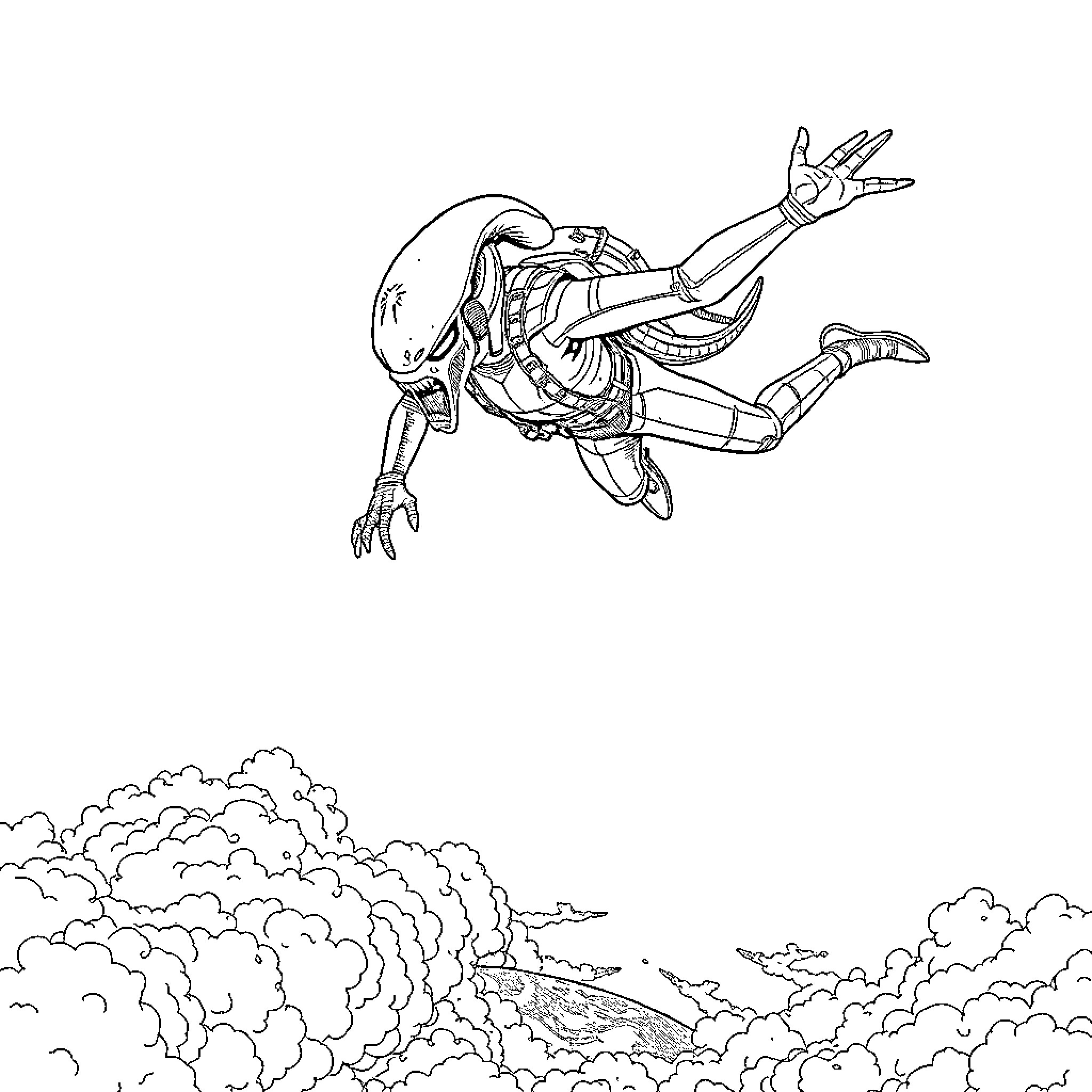 Xenomorph alien attacking from the sky Coloring Page (free black-and-white line drawing printable PDF for all, from beginners to advanced learners, including children, teens, adults, and seniors)