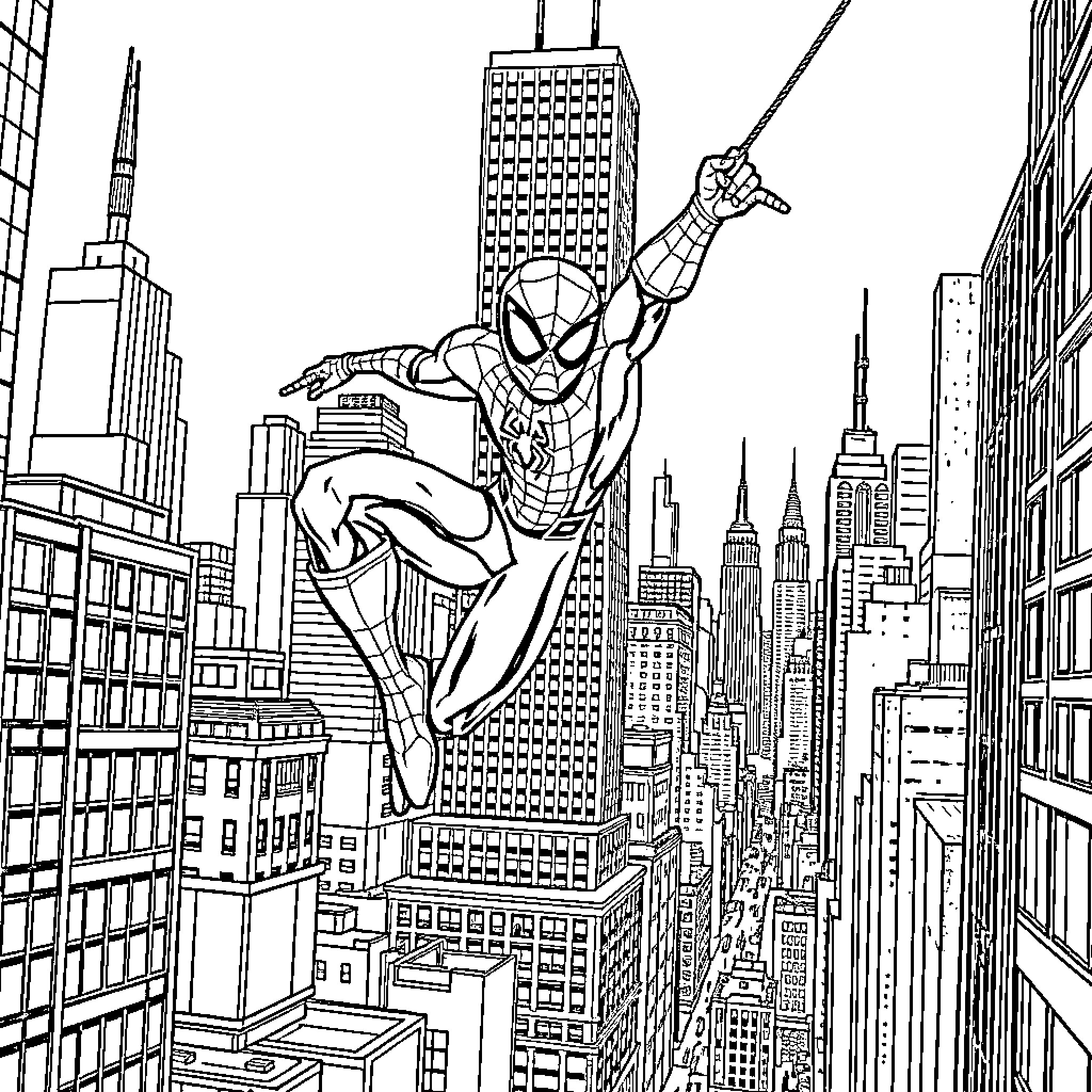 Spiderman swinging over the cityscape Coloring Page (free black-and-white line drawing printable PDF for all, from beginners to advanced learners, including children, teens, adults, and seniors)