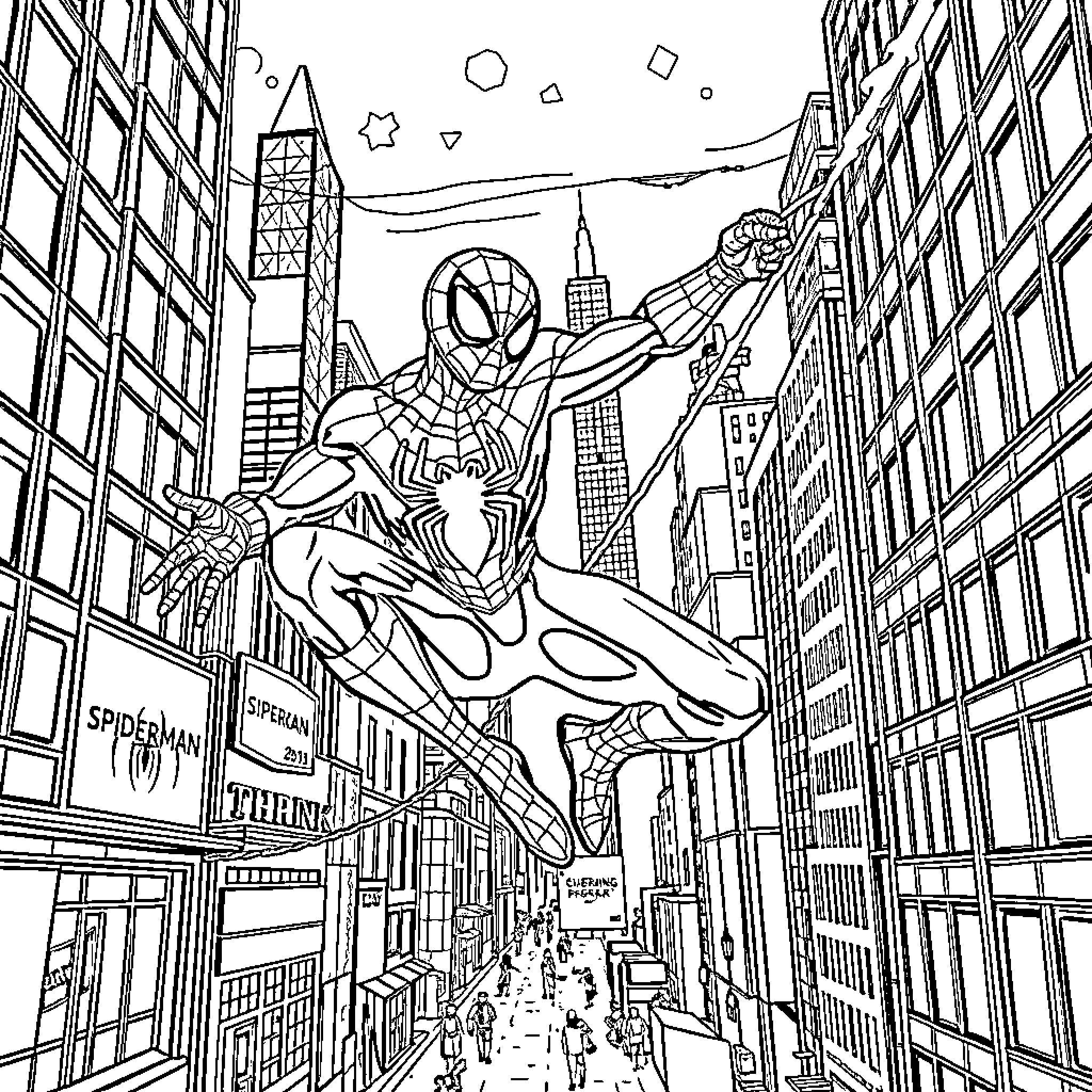 Spider-Man swinging through New York City skyline Coloring Page (free black-and-white line drawing printable PDF for all, from beginners to advanced learners, including children, teens, adults, and seniors)