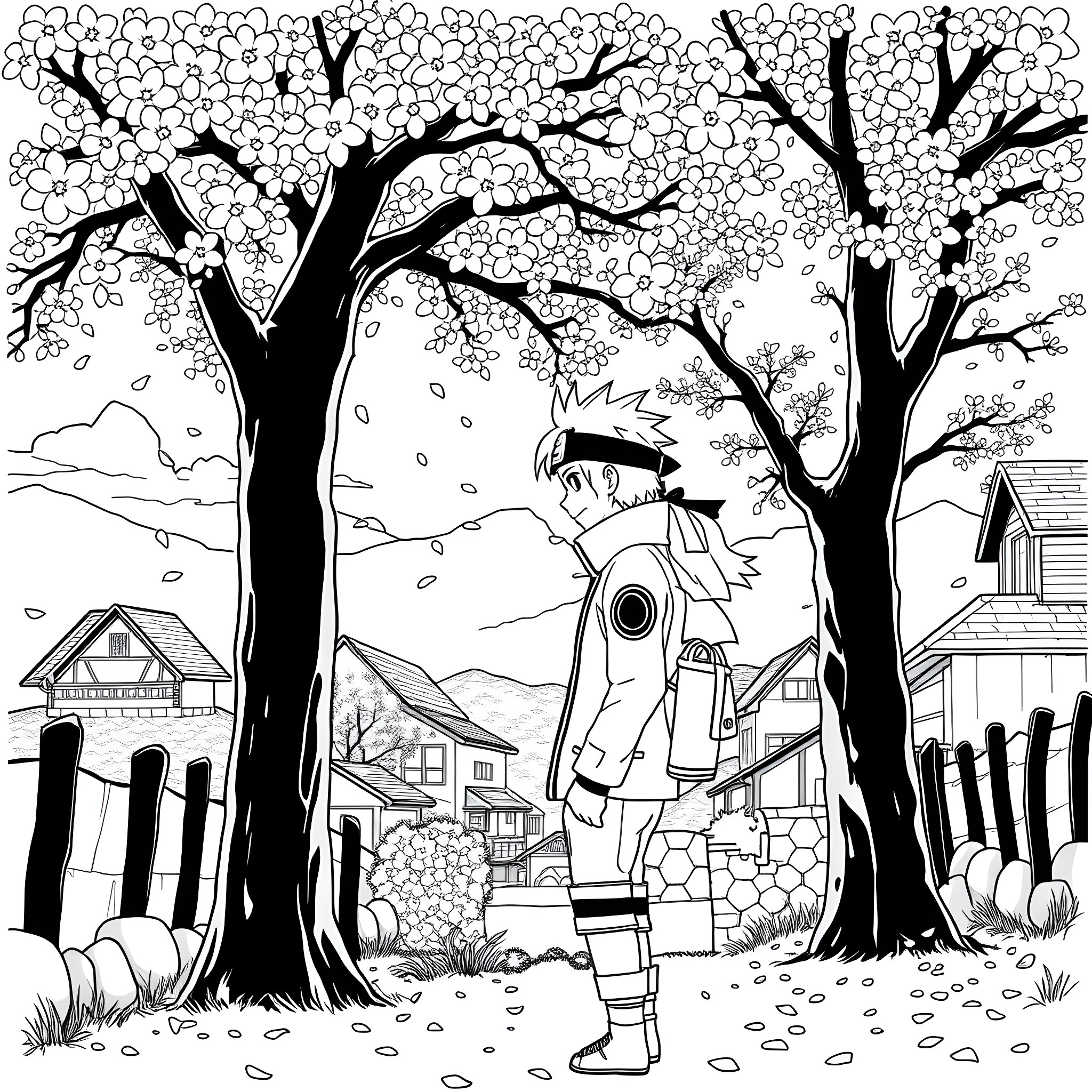 Naruto Enjoying the Serene Spring Scenery Coloring Page (free black-and-white line drawing printable PDF for all, from beginners to advanced learners, including children, teens, adults, and seniors)