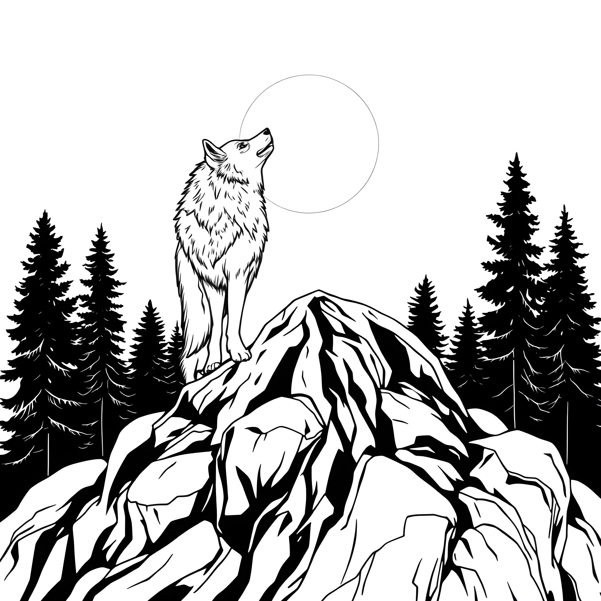 Wolf howling atop a snowy mountain peak Coloring Page (free black-and-white line drawing printable PDF for all, from beginners to advanced learners, including children, teens, adults, and seniors)
